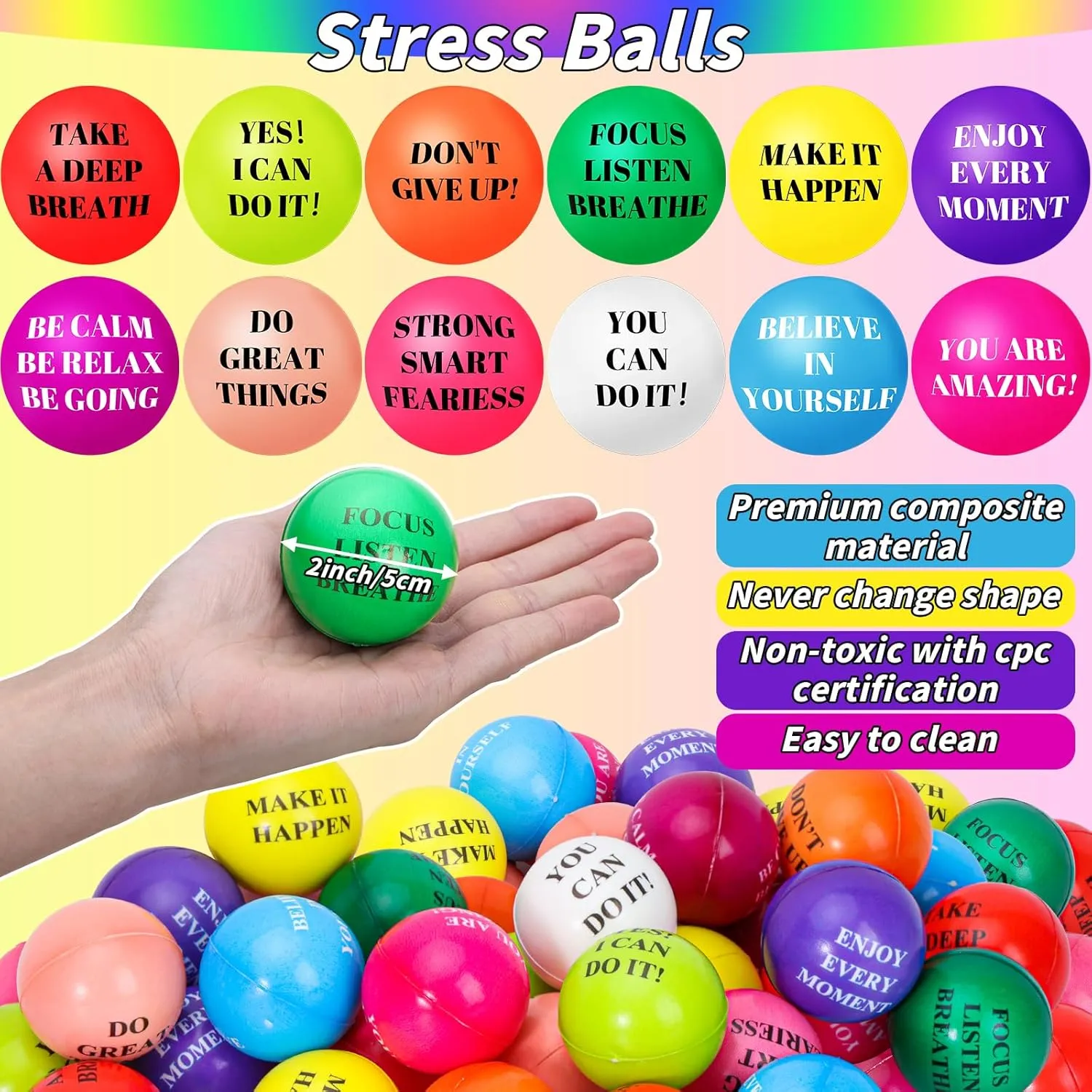 Motivational Stress Balls 2 Inch Inspirational Stress Relief Ball Bulk Hand Exercise Balls Encouraging Colorful Foam Balls Anxiety Small Balls with Quotes for Kids Adults Teens, 12 grading Styles 96 Pieces 
