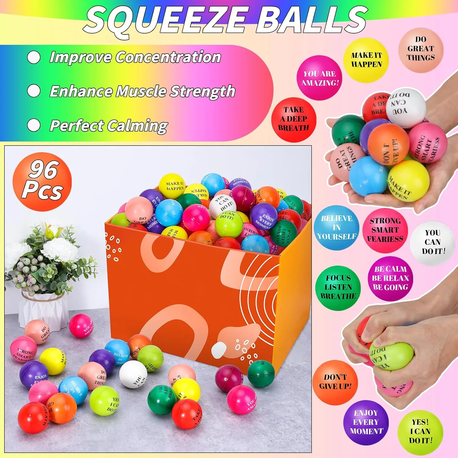 Motivational Stress Balls 2 Inch Inspirational Stress Relief Ball Bulk Hand Exercise Balls Encouraging Colorful Foam Balls Anxiety Small Balls with Quotes for Kids Adults Teens, 12 grading Styles 96 Pieces 