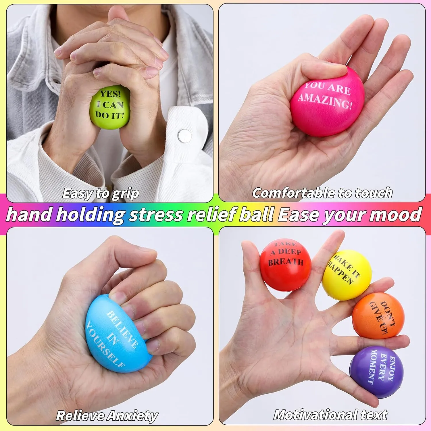 Motivational Stress Balls 2 Inch Inspirational Stress Relief Ball Bulk Hand Exercise Balls Encouraging Colorful Foam Balls Anxiety Small Balls with Quotes for Kids Adults Teens, 12 grading Styles 96 Pieces 