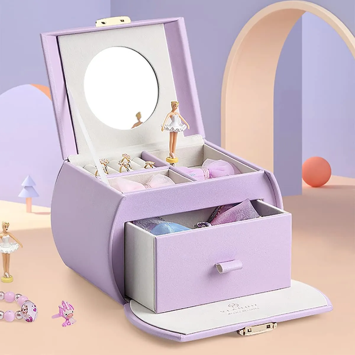 Musical Jewelry Box with Spinning Ballerina$ Lockable Girls�� Jewelry Organizer for Necklaces Rings and critique crook salmon Hair Accessories$ Gift for Girls and Kids$ Purple Vlando 