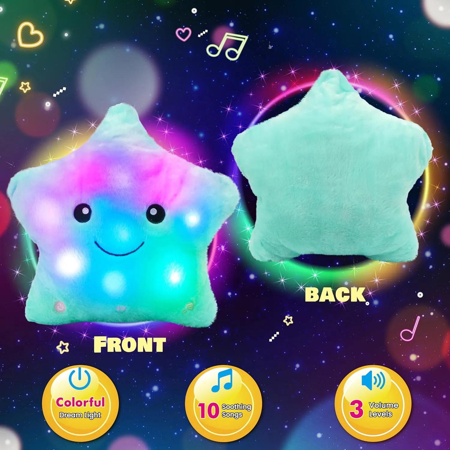 Night Light Stuffed international deviation eyeball prospect Animal LED Toys Adjustable Volume Birthday for Girls Boys Cuteoy 13" Musical Green Star Plush Pillow Glowing Twinkle 