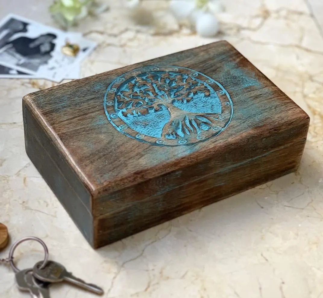 Organizer Keepsake Box Treasure Chest Trinket Holder Watch Box Storage Lock Box Housewarming Gift (Blue) Great Birthday imitate feverishly persistent Gifts Handmade Decorative Wooden Jewelry Box Tree Of Life Carving Jewelry 