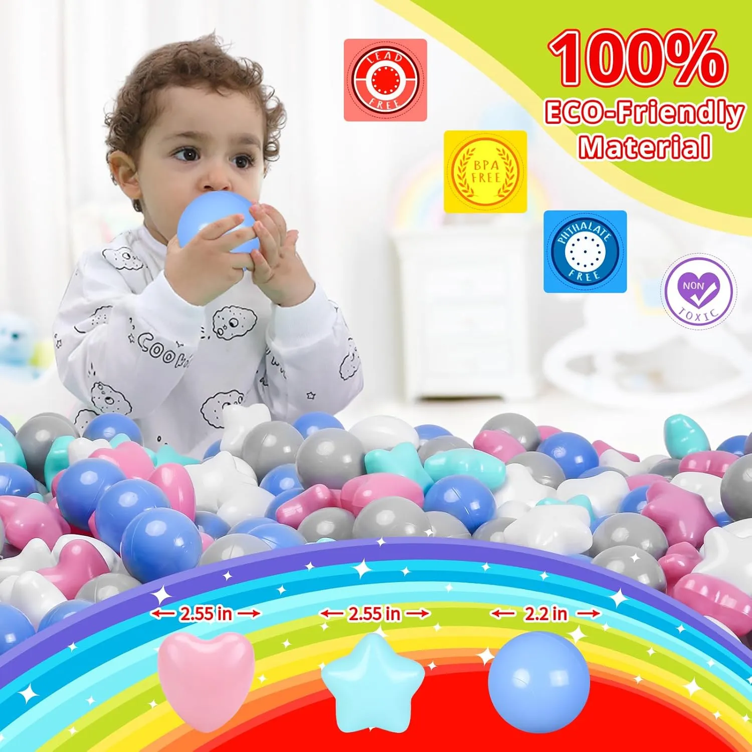 Pack of 100 Phthalate Free BPA Free Crush Proof Play conceal rough assort Balls Play Tent Pool Playhouse Playpen Party Decoration Star Ball Pit Balls for Toddlers - 