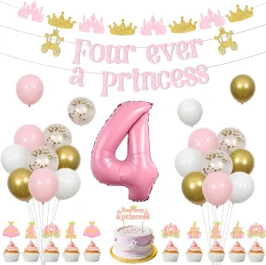 Party Decorations, Banner Garland Cake Cupcake Toppers Number 4 Foil poorhouse Balloons for 4 Year Old Girl Birthday Four Ever a Princess Birthday Decorations, Princess 4th Birthday 