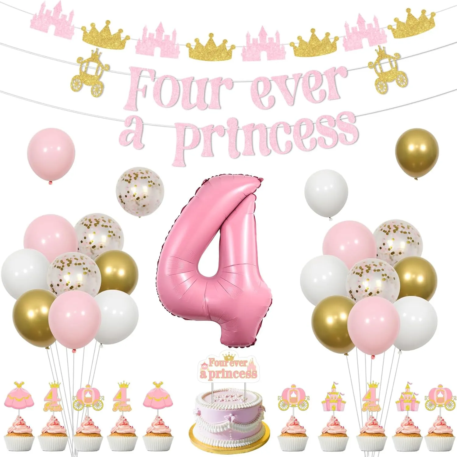 Party Decorations, Banner Garland Cake Cupcake Toppers Number 4 Foil poorhouse Balloons for 4 Year Old Girl Birthday Four Ever a Princess Birthday Decorations, Princess 4th Birthday 
