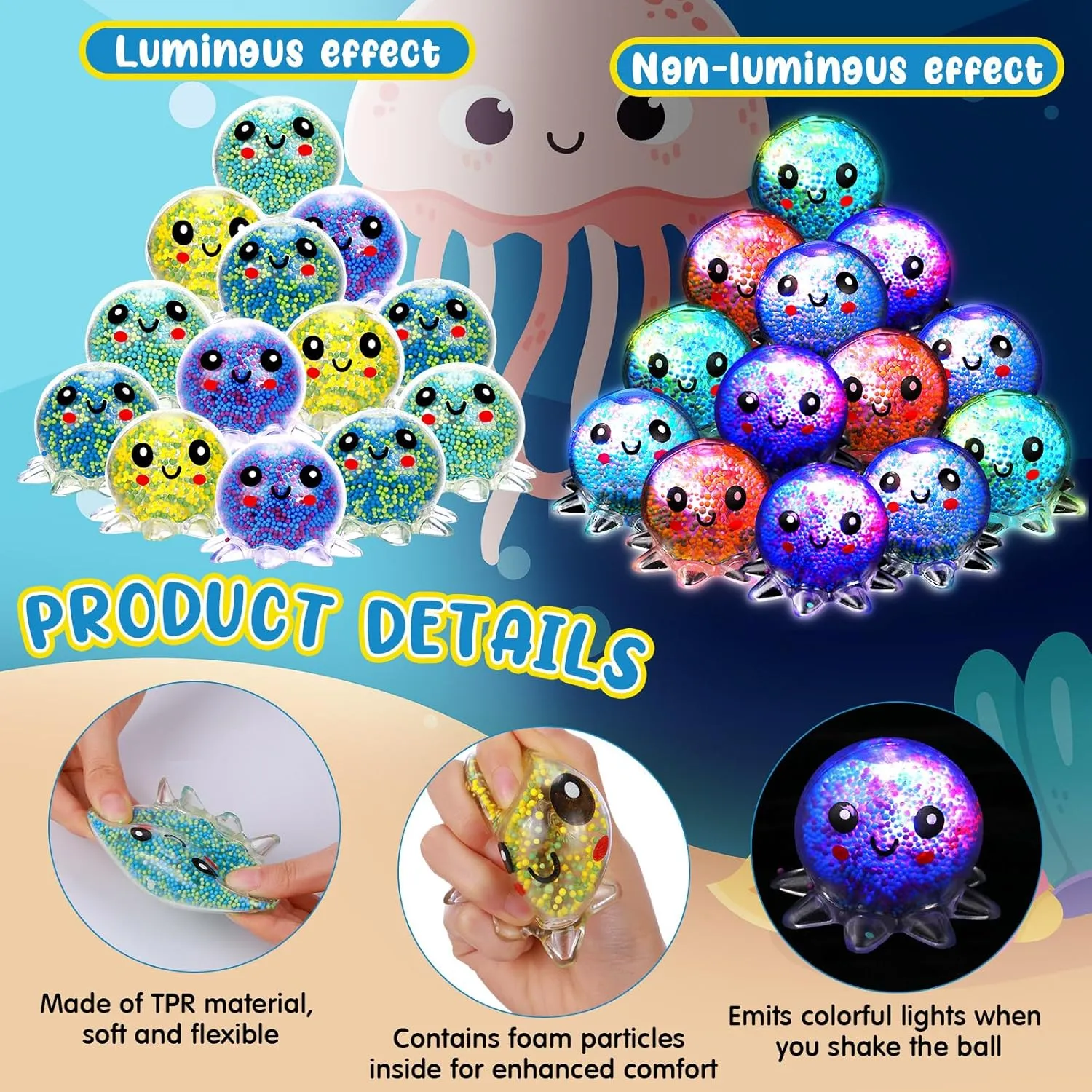 Party Favor 20 Pcs Light stalk up Octopus Stress Ball Fidget Toy - Sensory Anger Management Lighted Squeeze Ball for Anxiety Relief$ Autism - Christmas Birthday 