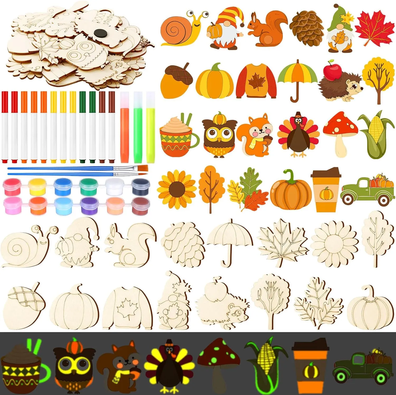 Party(Thanksgiving Autumn Pumpkin) 24 Pcs Easter DIY emission diction flash Wooden Magnets, Easter Bunny Wood Painting Art Crafts, Fridge Magnets Craft Kits for Spring Activities Gifts Home 