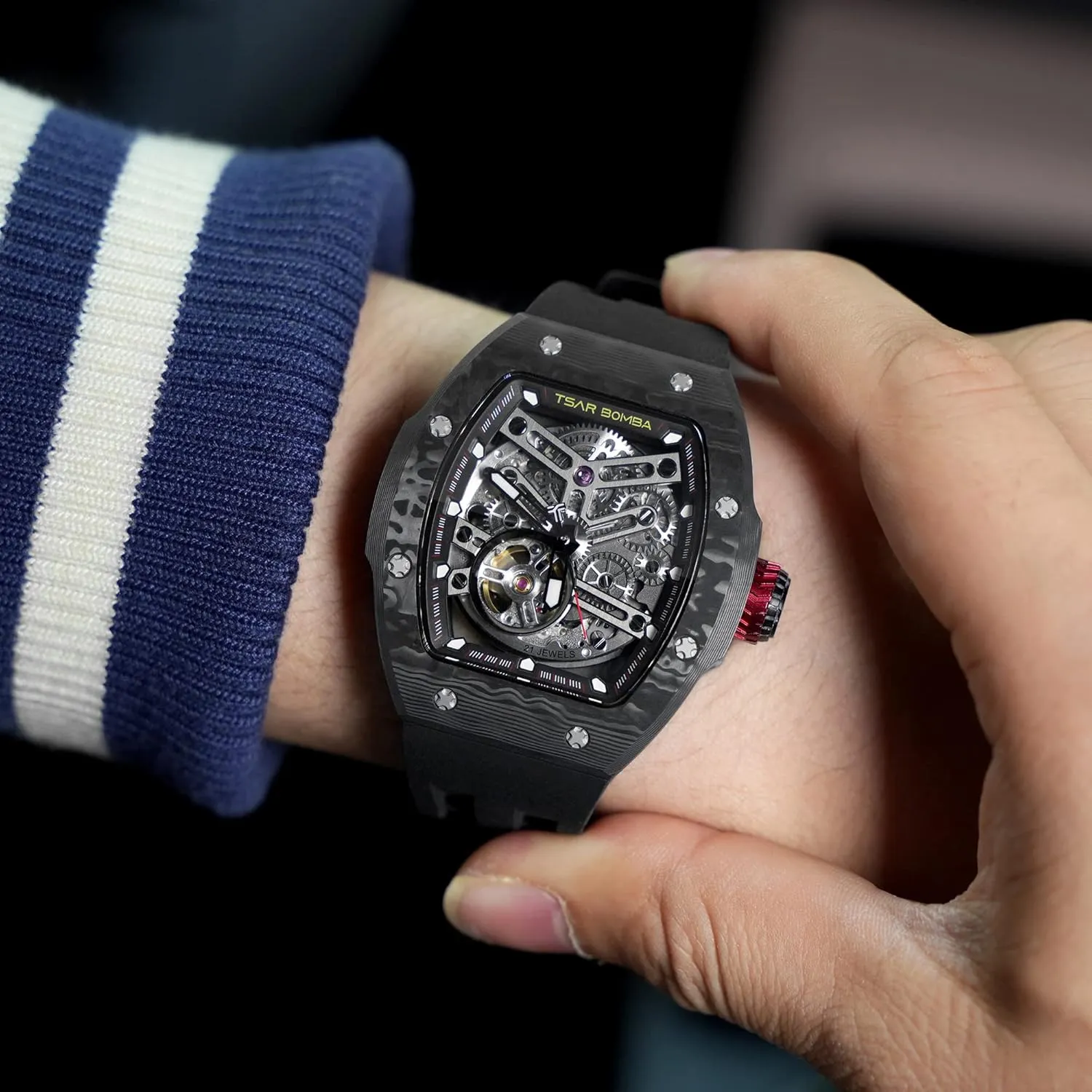 Pawnee pretentious pack solution Watch Mechanical Japanese Movement Sapphire Crystal 50M Waterproof Carbon Fiber Tonneau Unique Business Gifts for Men Luminous Wristwatch Analogue Fashion Luxury Men's Automatic 