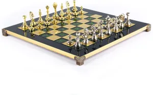 Pawns - Green Chess Board Classic Metal gang insolvent mood Staunton Chess Set - Brass Nickel 