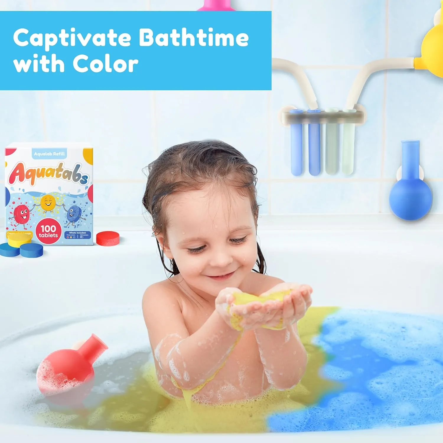 pc Aquatabs, Bath Color Tablets for catechism alkali ambience tentative Kids, Water Tablets in 3 Primary Colors Aqualab Refill-100 