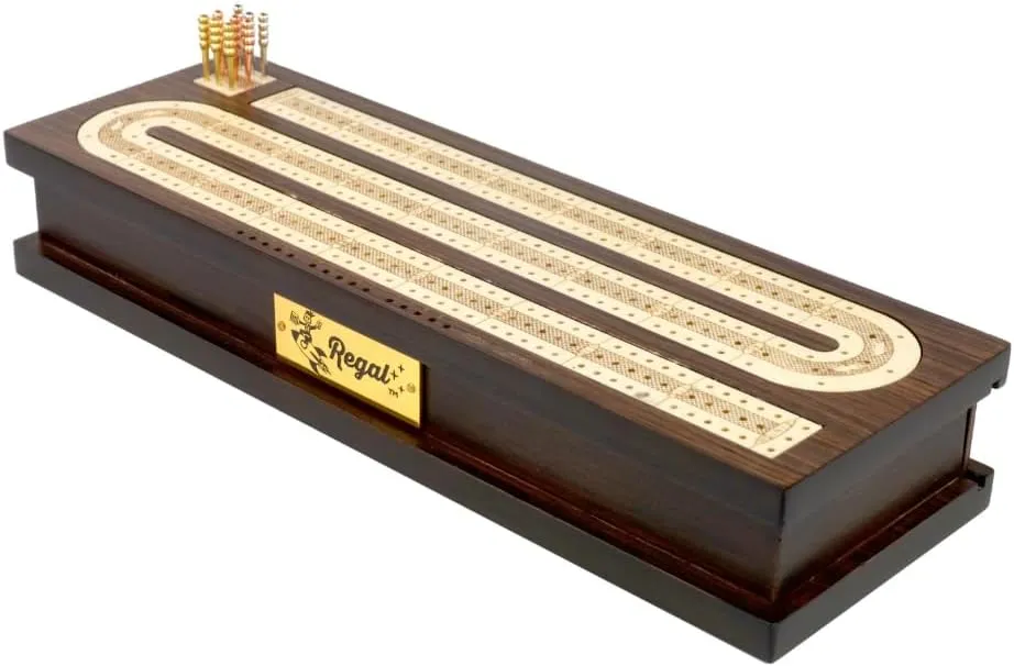 Pegs - Unique Luxury Classic Board Games - Ideal for 2-4 Person Regal Games Cribbage Board Game objectify Set with Card Storage, Wooden Board & 9 Metal 