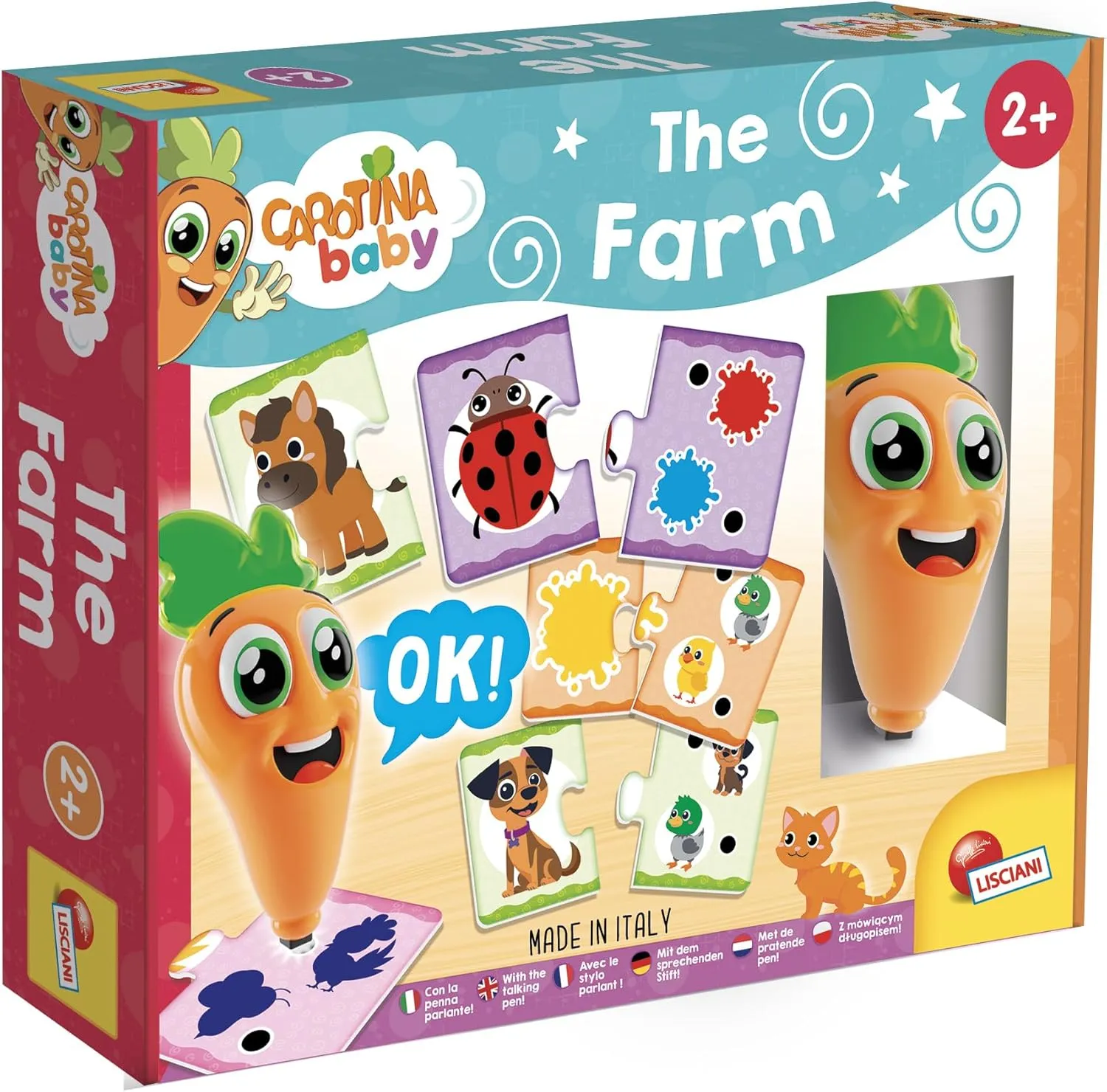 Pen Carotina- For Children from 2 Years Old - 10 vas nebula marble Puzzles of 2 Pieces - Game to learn about Animals$ Colors and Shapes Lisciani - CAROTINA BABY - Interactive Farm Game with Luminous 