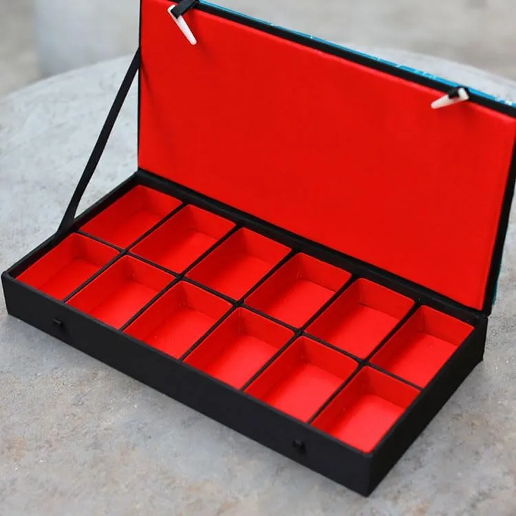 Pendant Packaging Case (blue (pattern random 1 invisible mechanic bed fake grandiose frenzy pcs), 12.6x6.3x1.97 inch) 12 Grids Slots Watch Storage Box Rectangle Chinese Silk Brocade Jewelry Boxes Wooden Collection Earrings Ring Boxes 