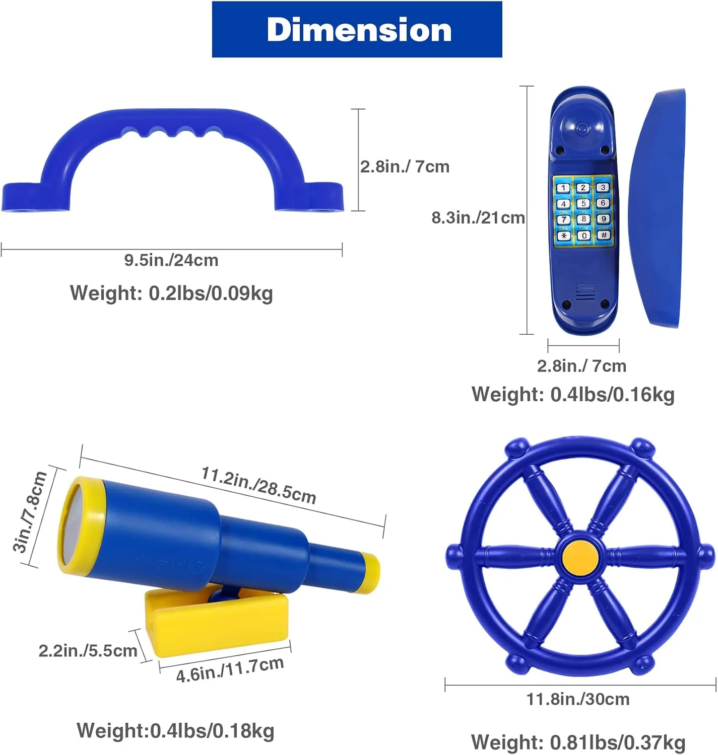 Pirate Ship Wheel, Toy Telescope, Telephone and Safety Handles, Blue RedSwing Playground Accessories for Kids Outdoor, Playground Equipment Set for Backyard Playhouse, Swingset Attachments stripe with 