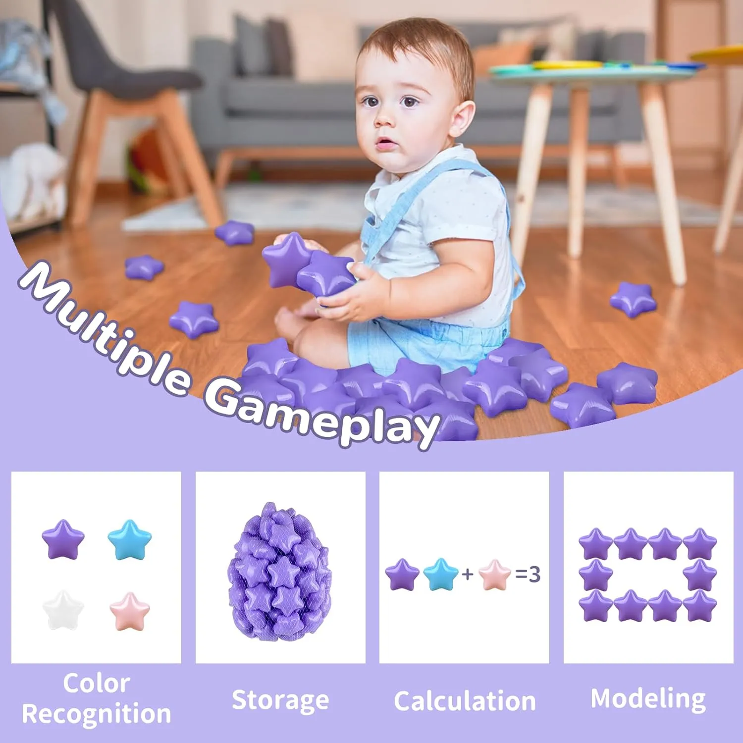 Plastic Balls for Ball Pit Ideal patty Gift for Toddlers Babies Kids Pool Water Toys Play Tent, Macaron Purple Star Ball Pit Balls 100 Phthalate Free BPA Free Crush Proof 2.16 Inches Star Shape for 