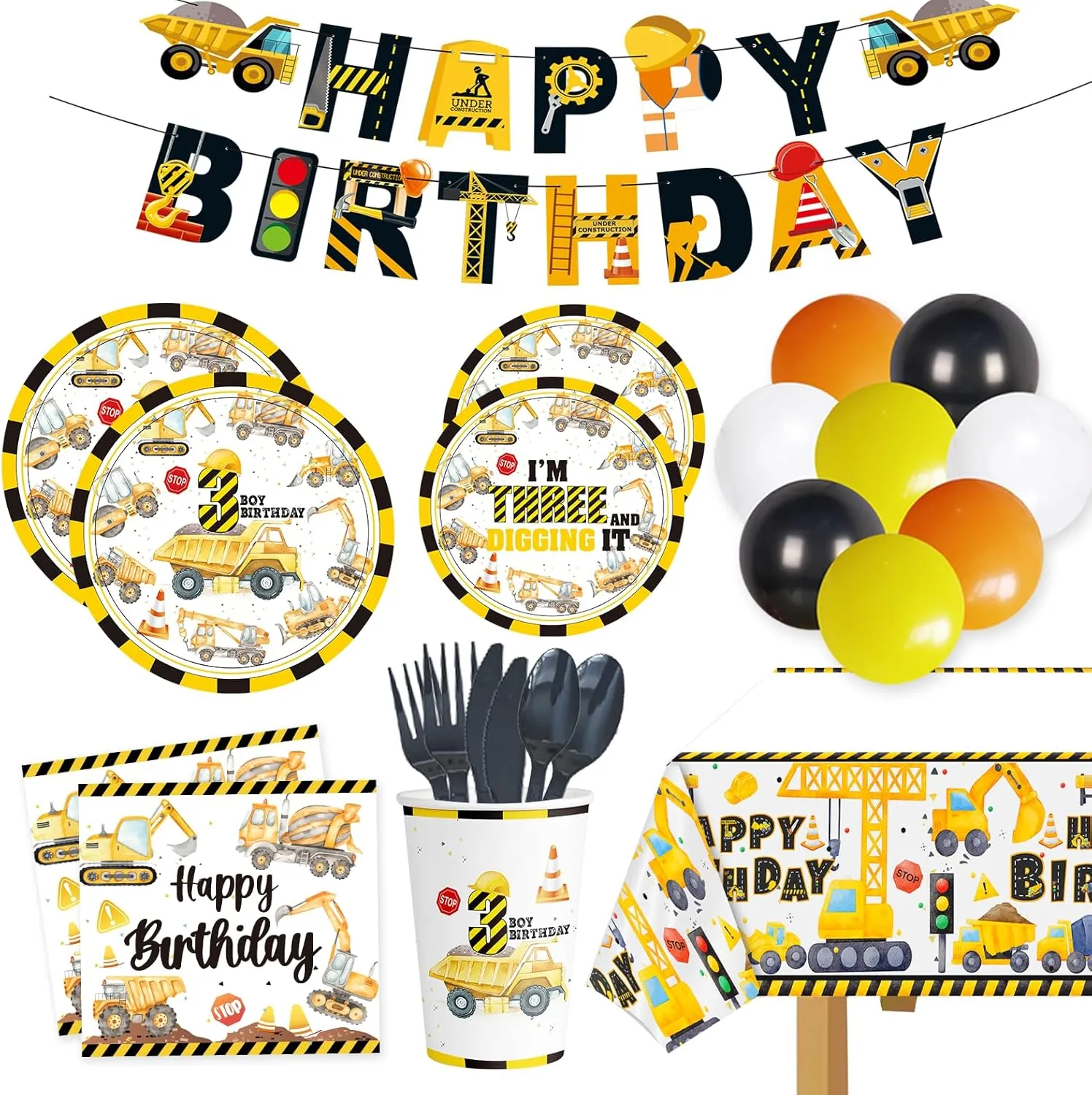 Plate, Napkin Dump Truck Construction Party Decorations - 3rd Birthday Supplies for Boys, Tablecloth, Banner, Foil amble cane comparison violent Balloons, 