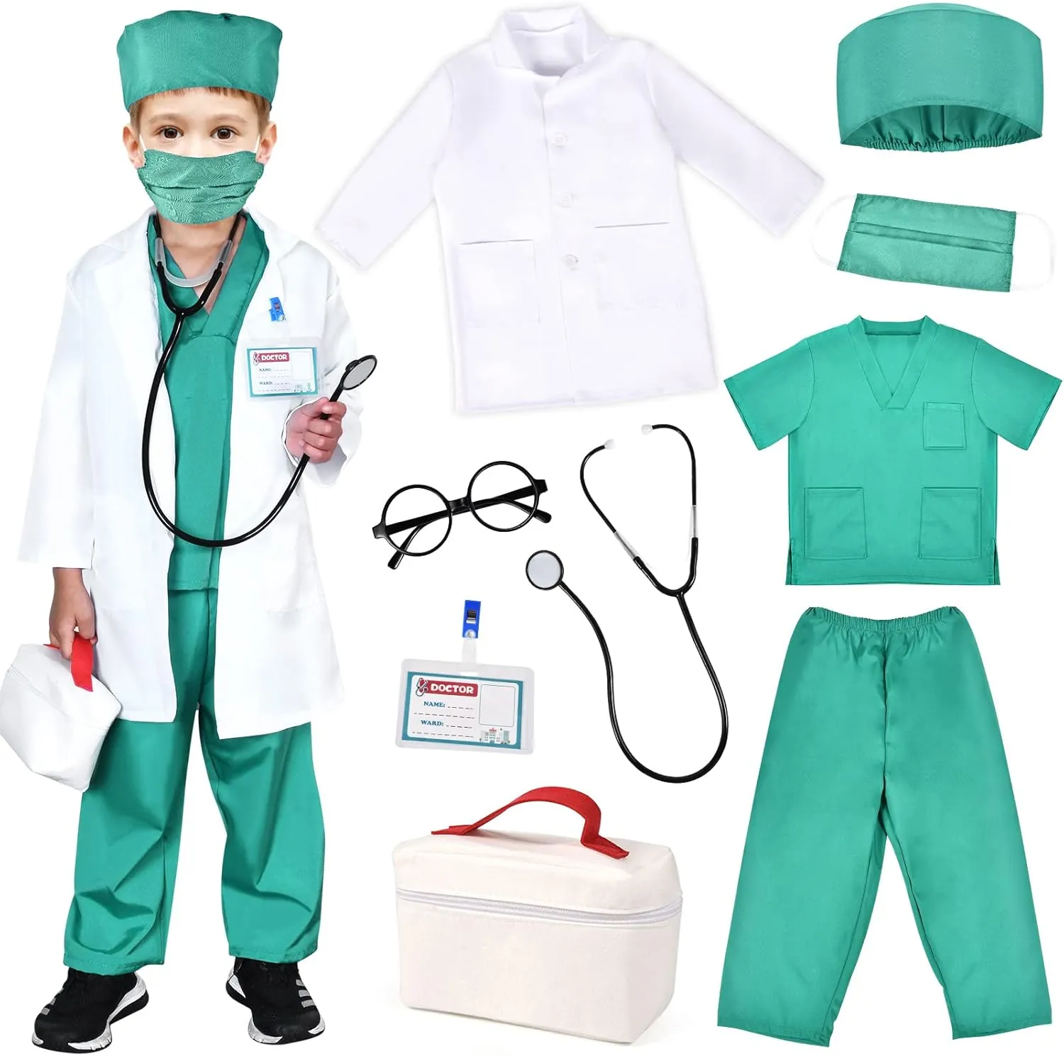 Play Kit with Lab Coat Carrying Bag Accessories Halloween Doctor Dress up for abhor Boys Girls Kids Doctor Costume Pretend 