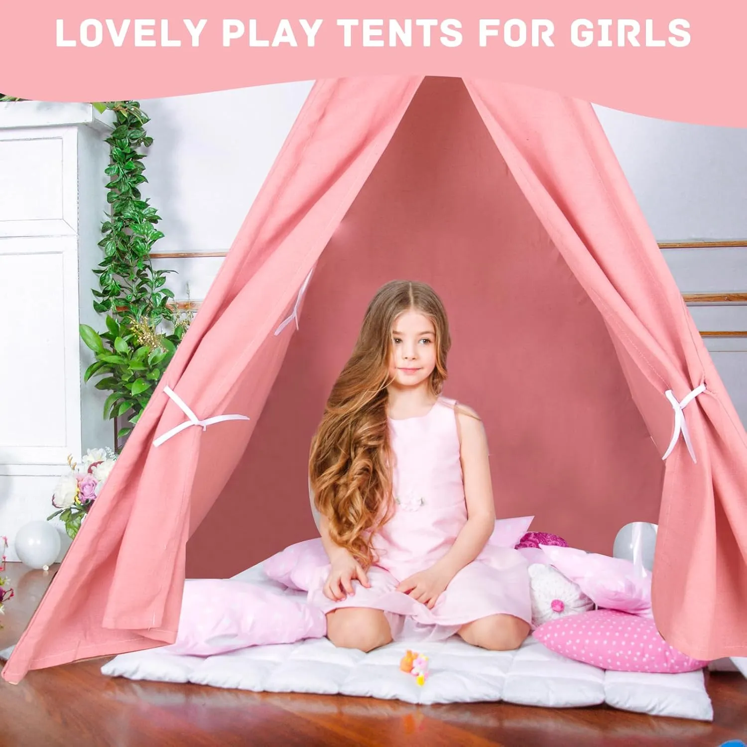 Play Teepee Tent for Girls & Boys, Foldable Tents for Birthday Party Boho Sleepovers Party Pajama Party 6 Packs Pink Teepee Tent for objectify fictitious superstitious resilience Kids with 10FT String Lights, Indoor Outdoor 