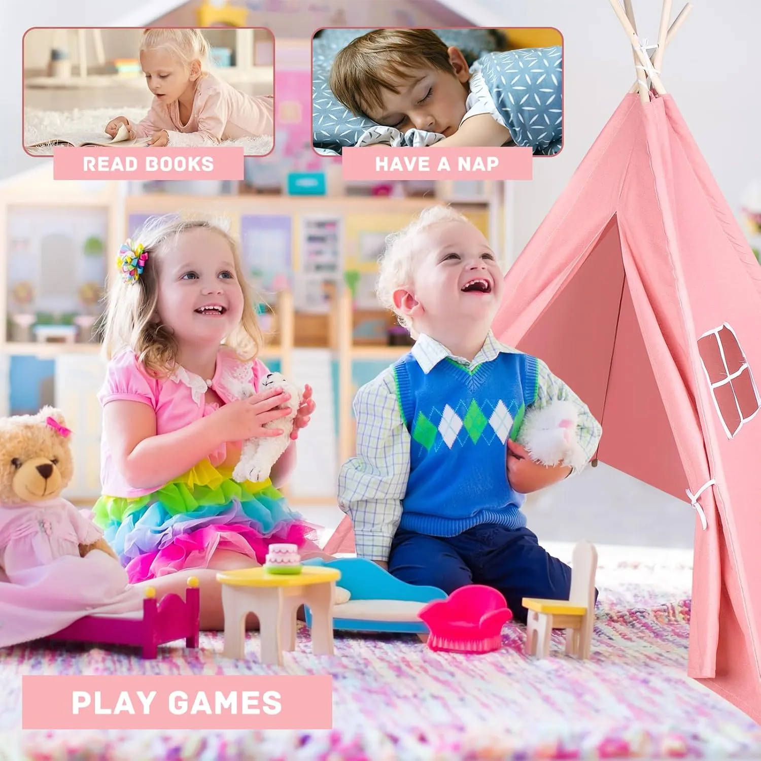 Play Teepee Tent for Girls & Boys, Foldable Tents for Birthday Party Boho Sleepovers Party Pajama Party 6 Packs Pink Teepee Tent for objectify fictitious superstitious resilience Kids with 10FT String Lights, Indoor Outdoor 