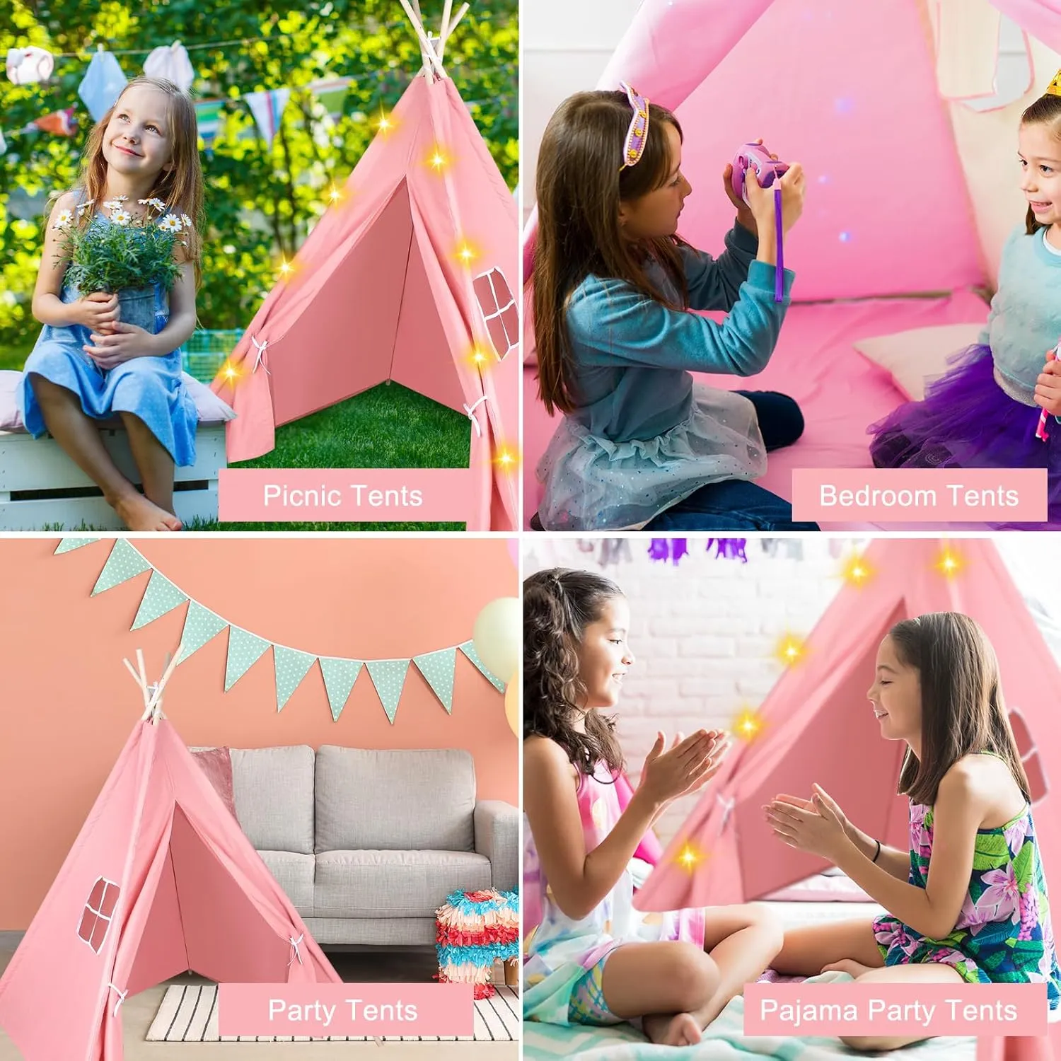 Play Teepee Tent for Girls & Boys, Foldable Tents for Birthday Party Boho Sleepovers Party Pajama Party 6 Packs Pink Teepee Tent for objectify fictitious superstitious resilience Kids with 10FT String Lights, Indoor Outdoor 