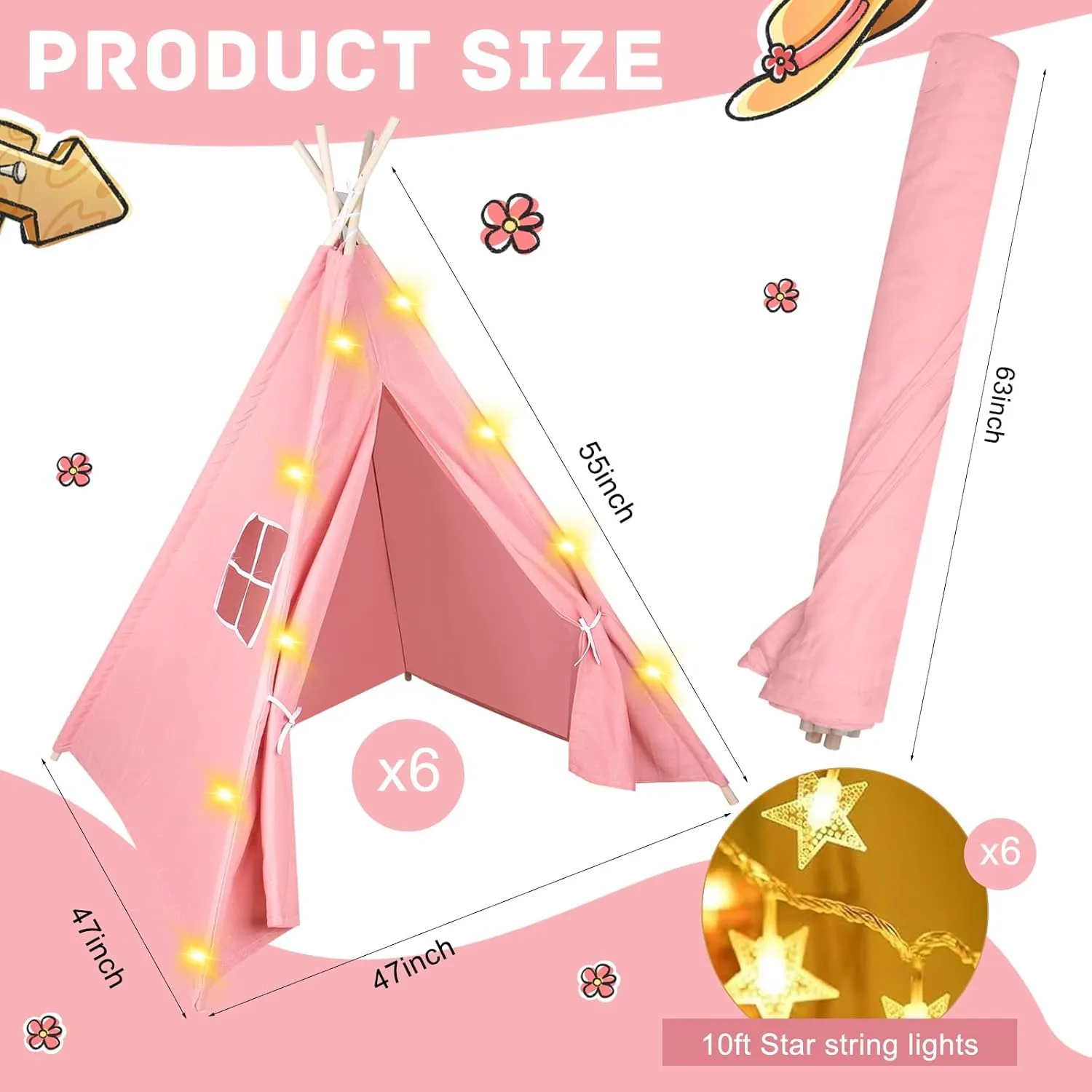 Play Teepee Tent for Girls & Boys, Foldable Tents for Birthday Party Boho Sleepovers Party Pajama Party 6 Packs Pink Teepee Tent for objectify fictitious superstitious resilience Kids with 10FT String Lights, Indoor Outdoor 