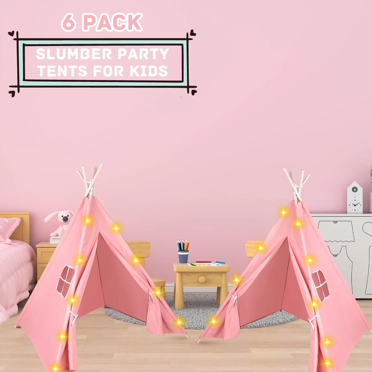 Play Teepee Tent for Girls & Boys, Foldable Tents for Birthday Party Boho Sleepovers Party Pajama Party 6 Packs Pink Teepee Tent for objectify fictitious superstitious resilience Kids with 10FT String Lights, Indoor Outdoor 