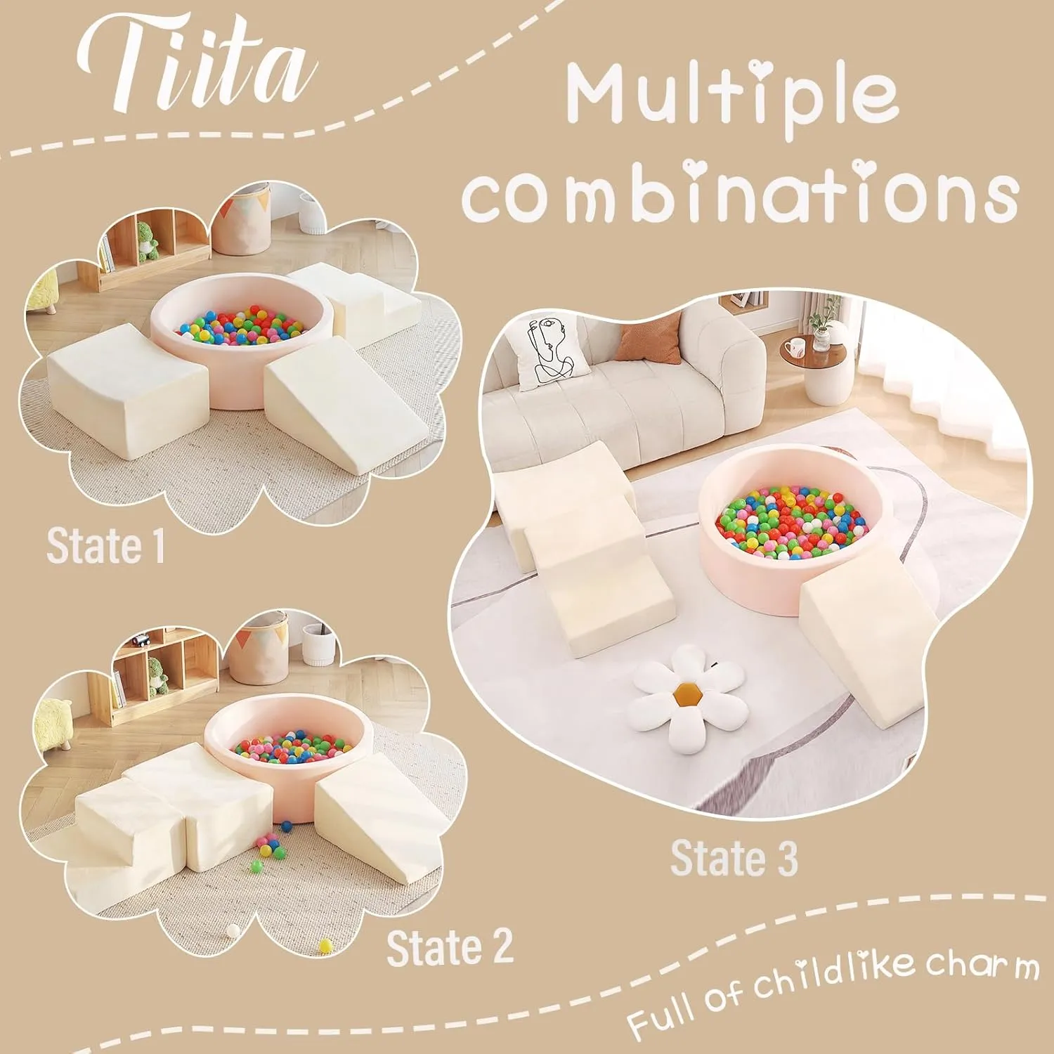 Playground$ Beige (Balls not Included) Tiita Climbing Toys with Ball Pit for Toddlers$ 4-Piece Kids Foam Climbing Blocks intact ductless for Baby 1-3$ Activity Soft Climb and Crawl Playset Indoor 