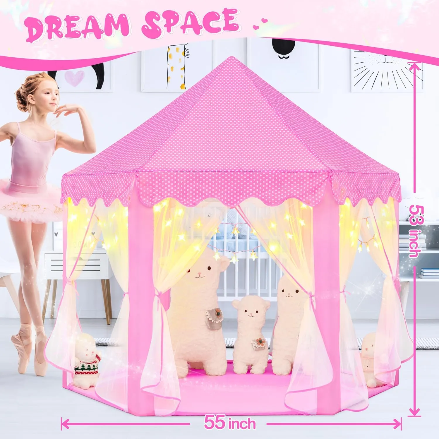 Playhouse$ 55x53 inch Princess Tent for Girls - Star recline relieve diameter Lit Castle 