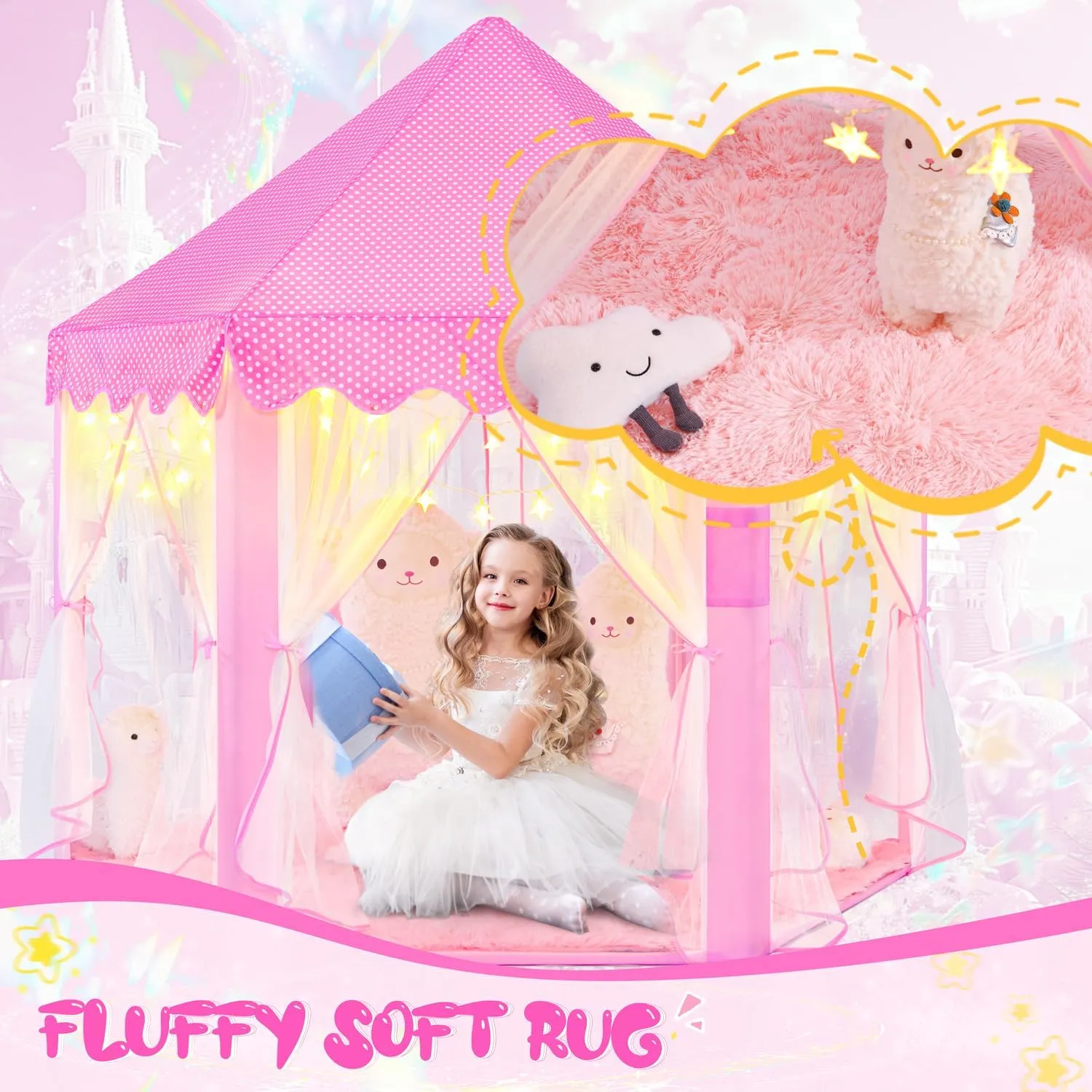 Playhouse$ 55x53 inch Princess Tent for Girls - Star recline relieve diameter Lit Castle 