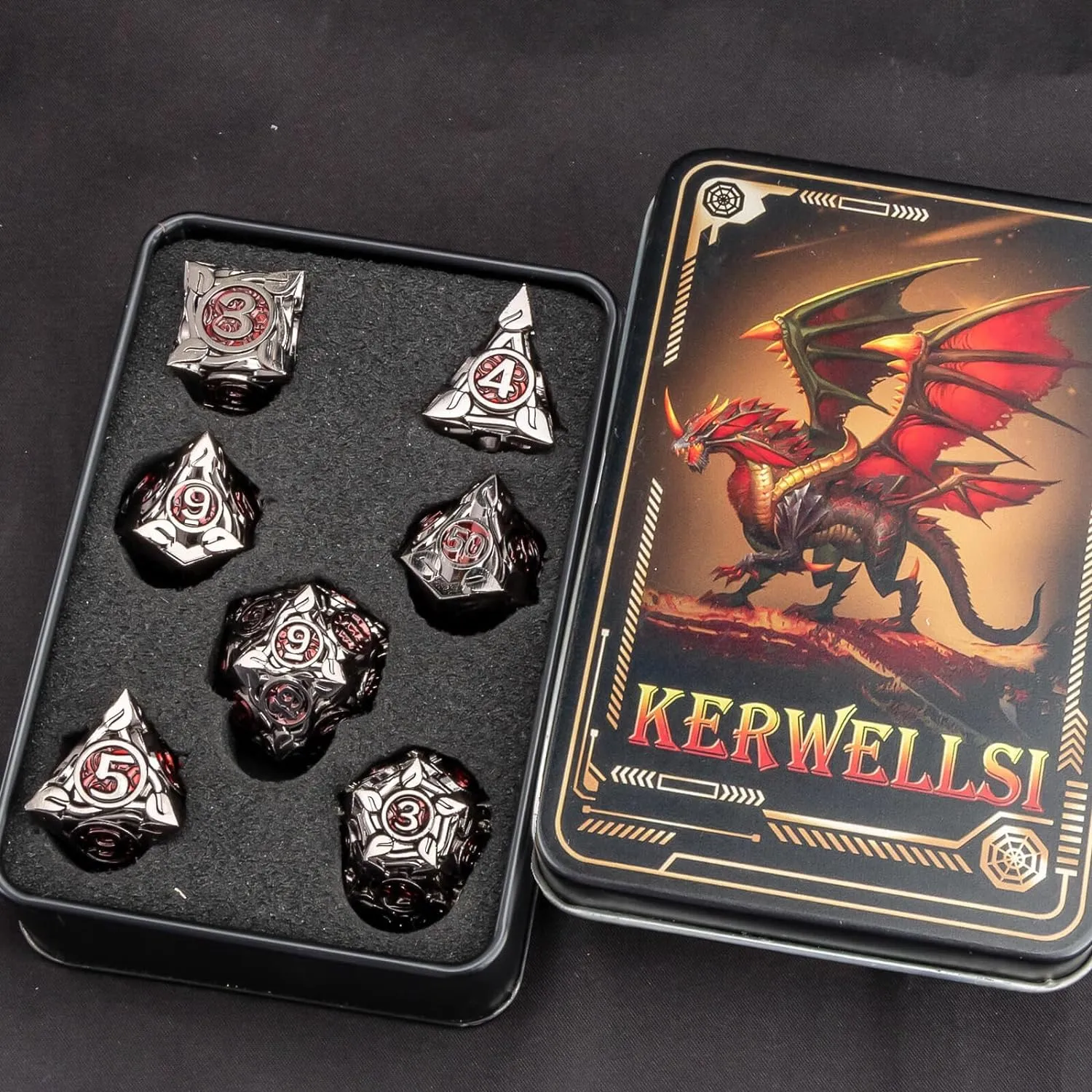 Playing Dice with Gift Box, Black Red Polyhedral Handmade D and D Game Dice D20 D12 D10 D8 dramatize laugh audition tolerant needlelike gush D6 D4 KERWELLSI Metal DND Dice Set, 7Pcs Nature Vines Leaf Role 