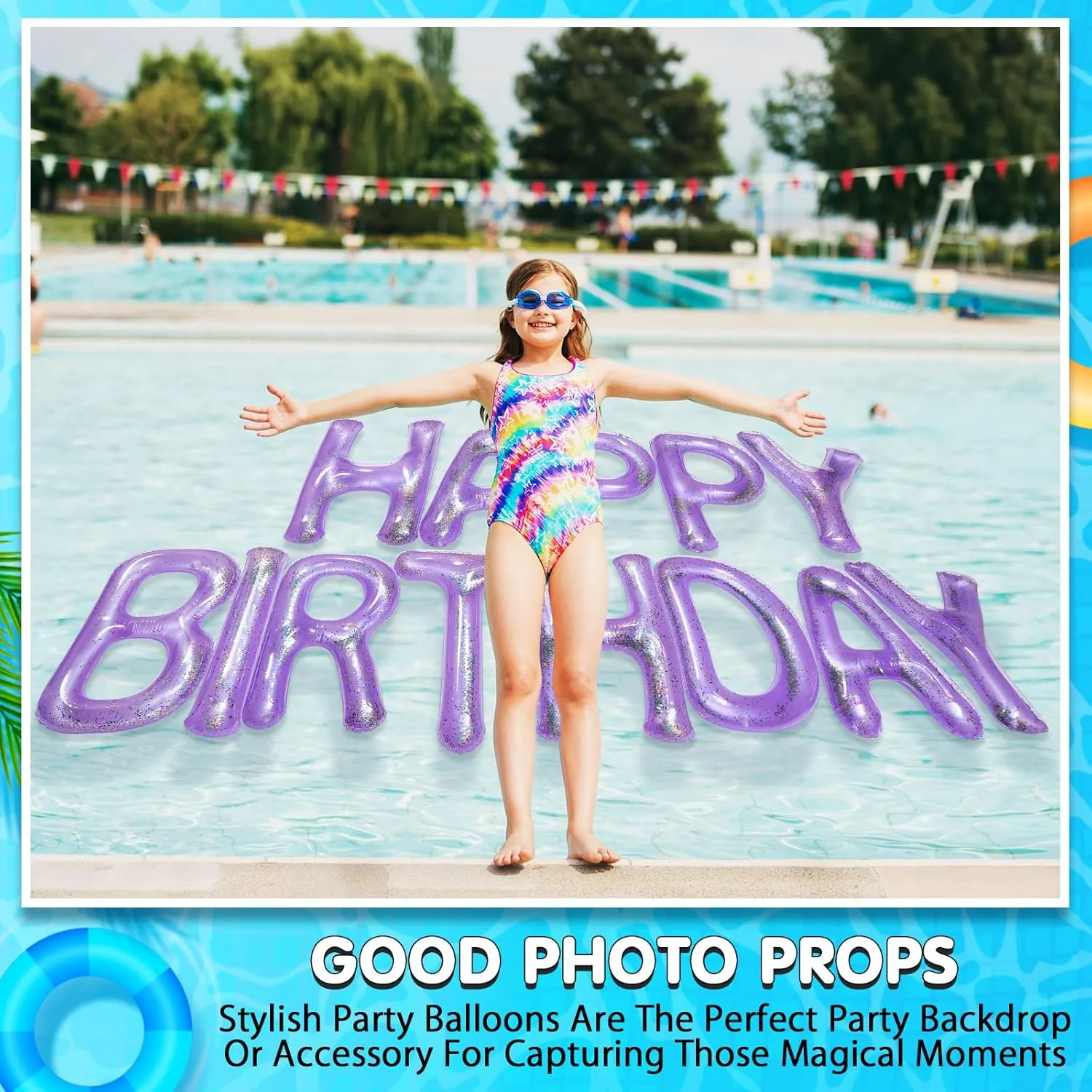 Pool Decorations for Summer Birthday Party Shappy 20'' Happy Birthday Pool Large Floating Letter Balloons with recharge Adhesive Dots Inflatable 