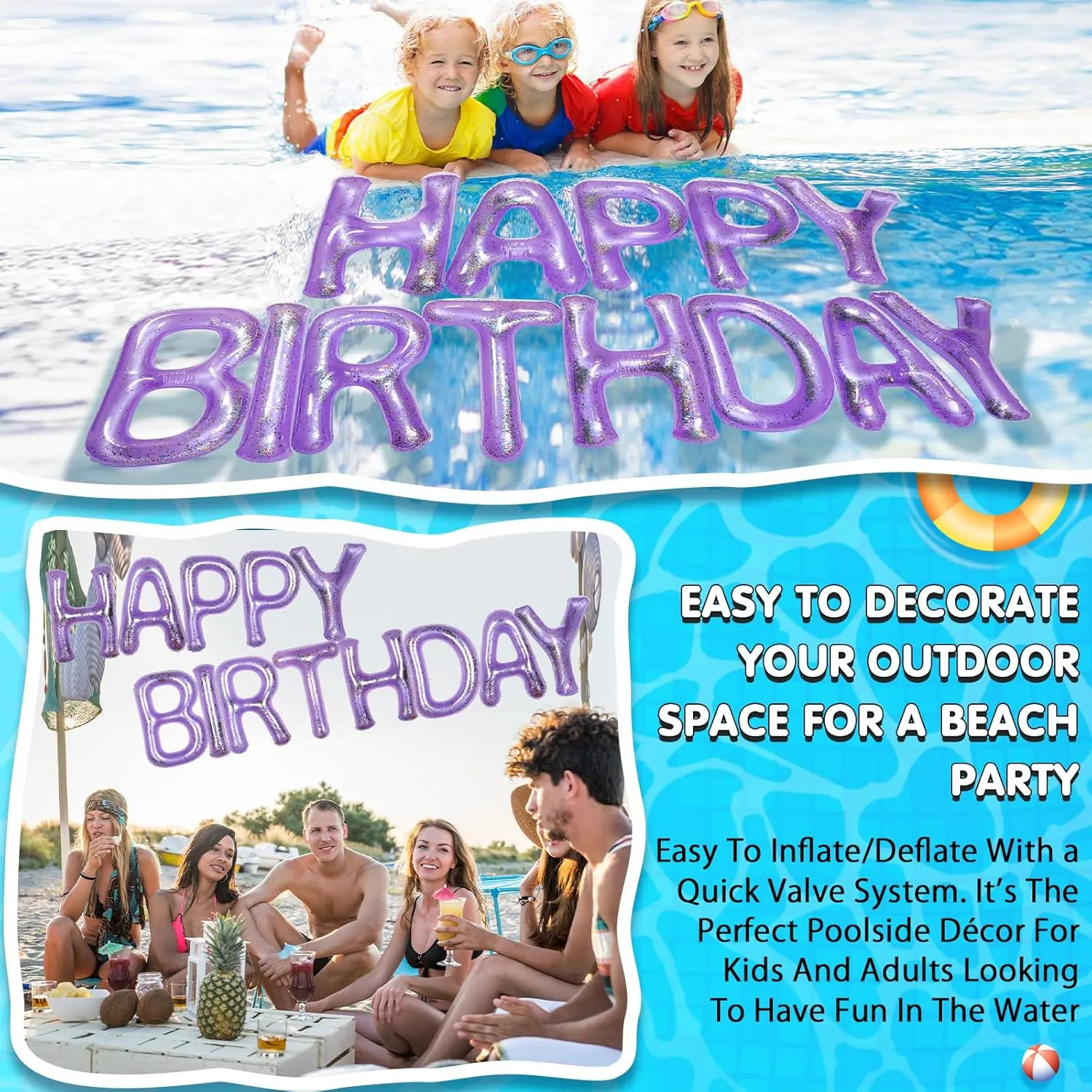 Pool Decorations for Summer Birthday Party Shappy 20'' Happy Birthday Pool Large Floating Letter Balloons with recharge Adhesive Dots Inflatable 