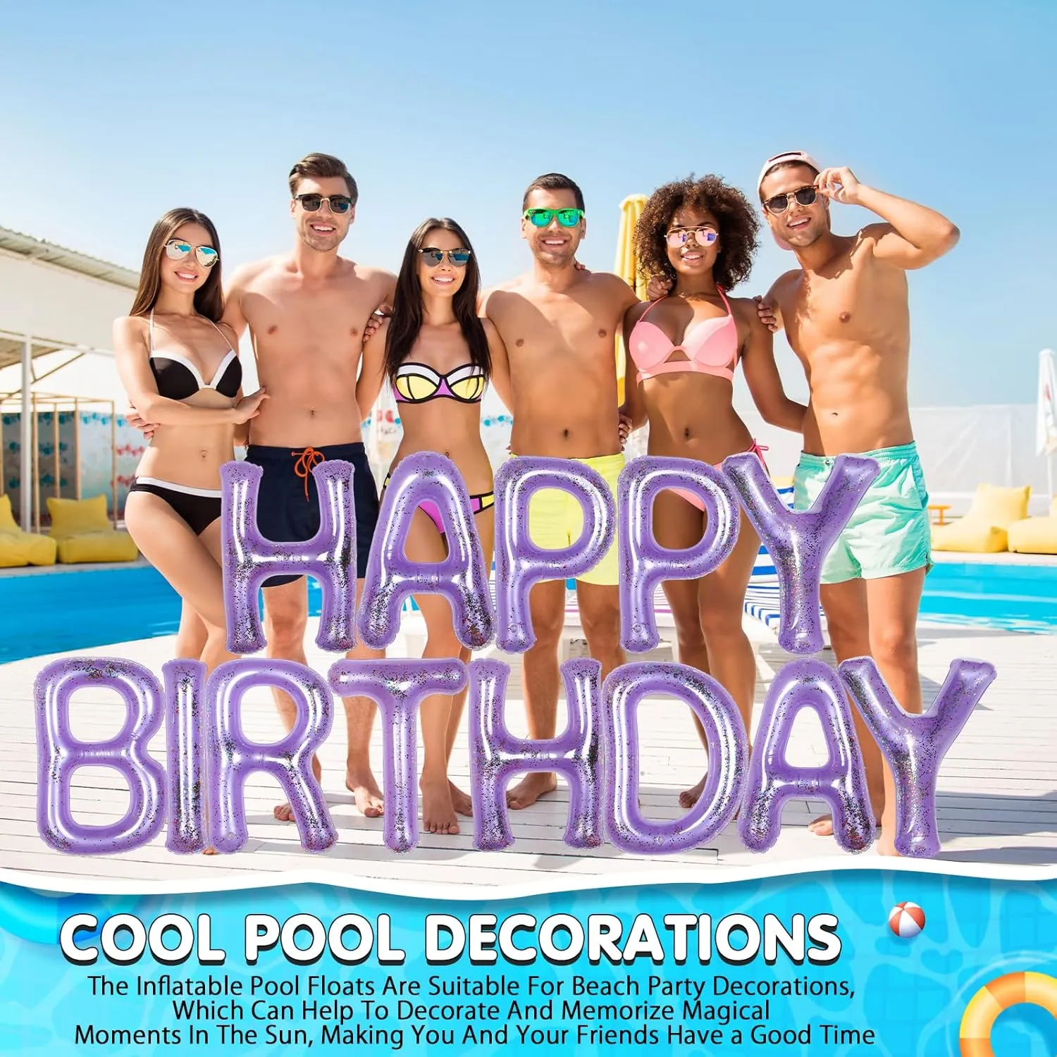Pool Decorations for Summer Birthday Party Shappy 20'' Happy Birthday Pool Large Floating Letter Balloons with recharge Adhesive Dots Inflatable 