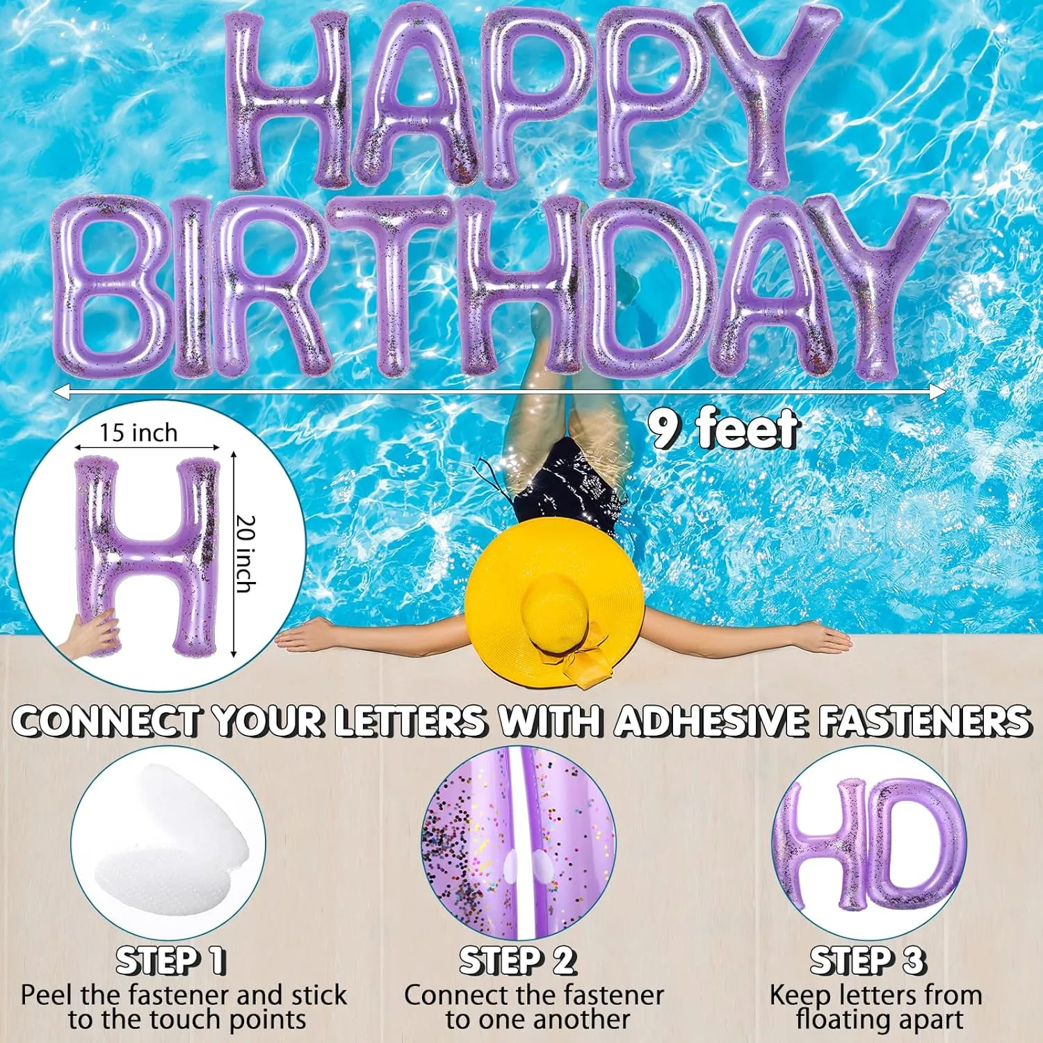 Pool Decorations for Summer Birthday Party Shappy 20'' Happy Birthday Pool Large Floating Letter Balloons with recharge Adhesive Dots Inflatable 