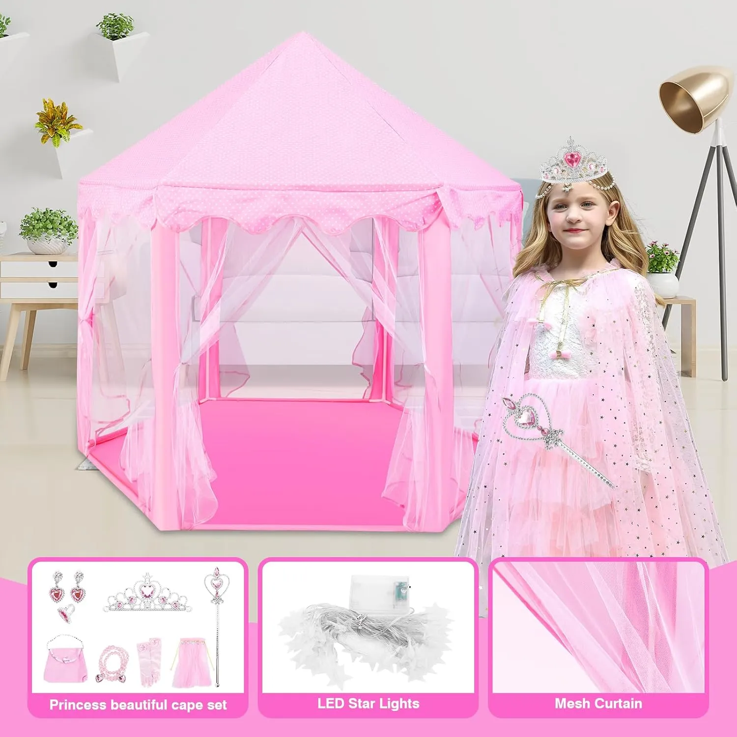 Princess Cape Set for Girls,Castle Play Tent with Princess Dress chair modify up Clothes,Large Indoor and Outdoor Playhouse with LED Star Princess Tent with 10Pcs 