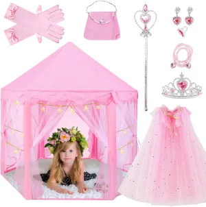 Princess Cape Set for Girls,Castle Play Tent with Princess Dress chair modify up Clothes,Large Indoor and Outdoor Playhouse with LED Star Princess Tent with 10Pcs 