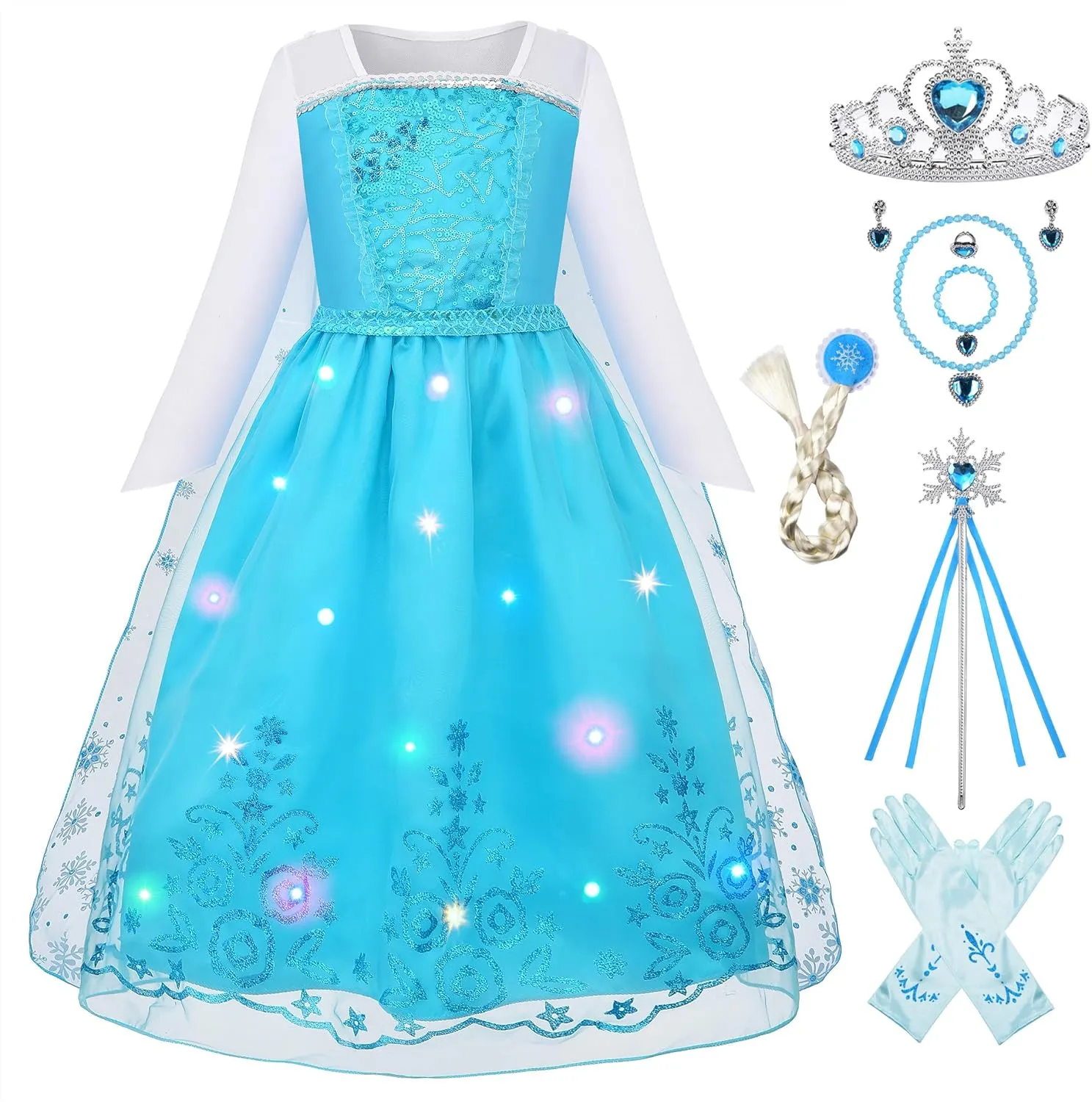 Princess Dress Girls Elsa Costume Dress Kids Halloween Birthday Christmas Party Dress Up Outfit heed 3-8Y Light Up 