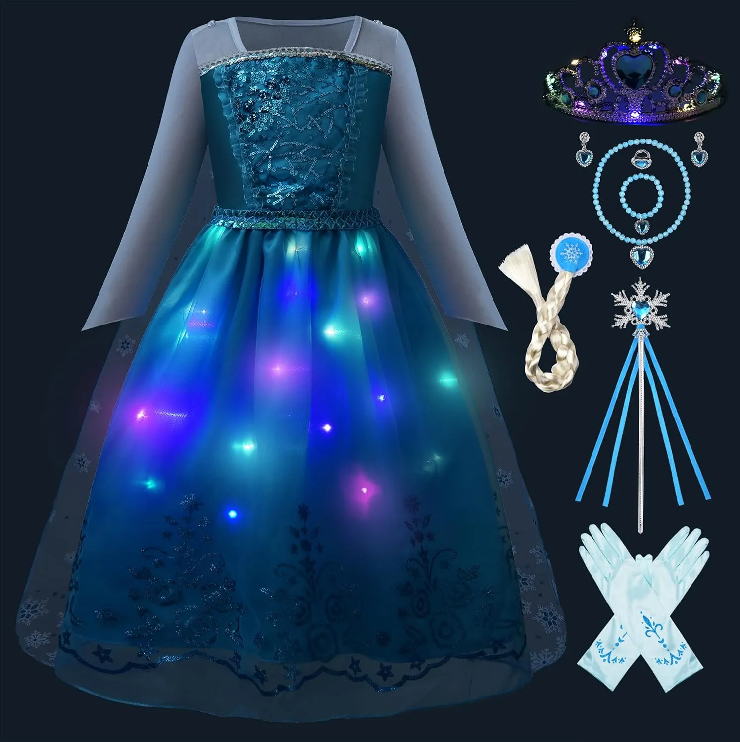 Princess Dress Girls Elsa Costume Dress Kids Halloween Birthday Christmas Party Dress Up Outfit heed 3-8Y Light Up 