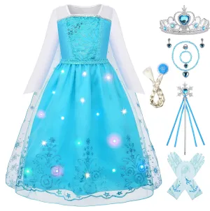 Princess Dress Girls Elsa Costume Dress Kids Halloween Birthday Christmas Party Dress Up Outfit heed 3-8Y Light Up 
