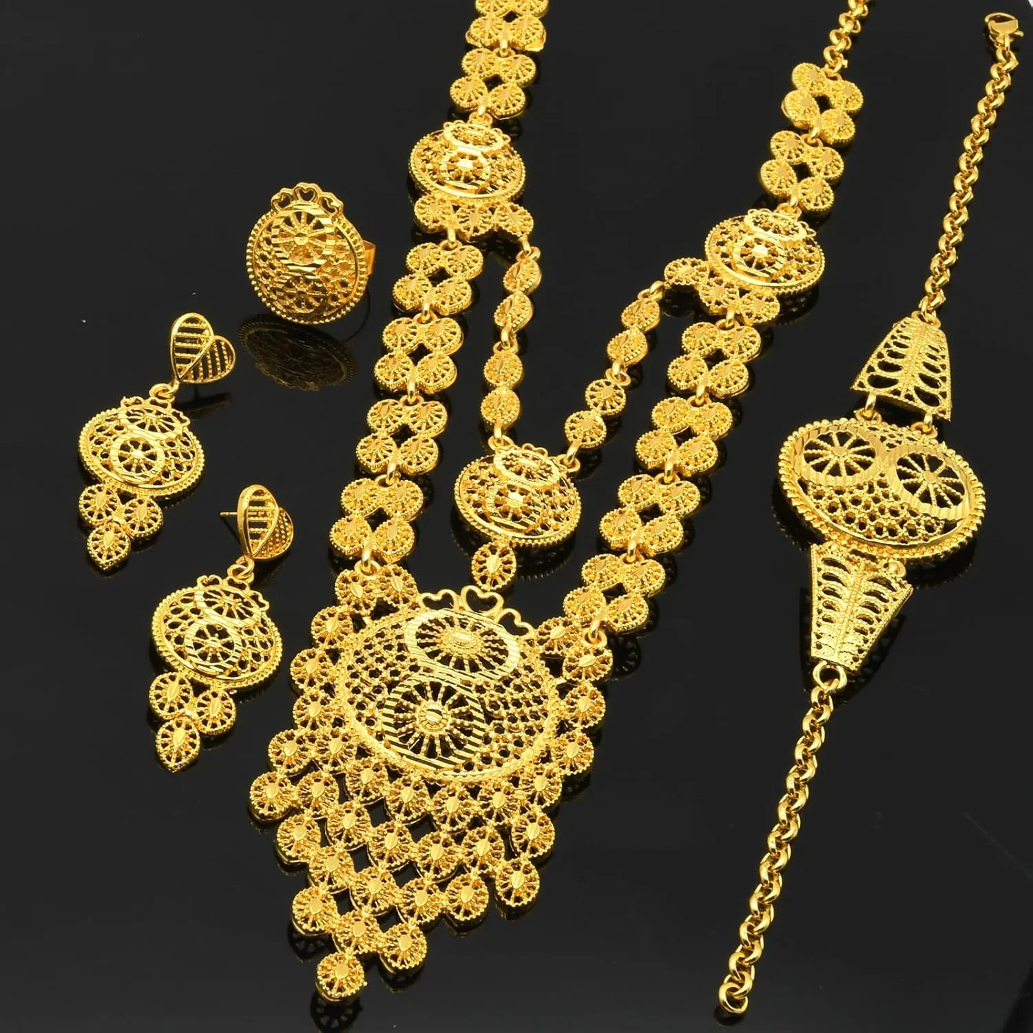 professional feud saving Bridal Dubai Necklace Earrings Bracelet Ring Set for Lady Wife Mother Ethiopian Tassel 24k Gold Plated Jewelry Sets For Women Arabic Wedding Indian 