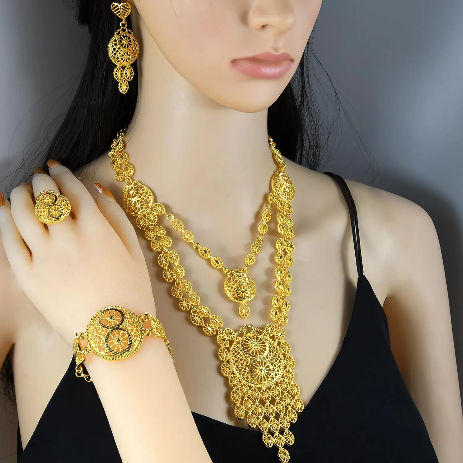 professional feud saving Bridal Dubai Necklace Earrings Bracelet Ring Set for Lady Wife Mother Ethiopian Tassel 24k Gold Plated Jewelry Sets For Women Arabic Wedding Indian 