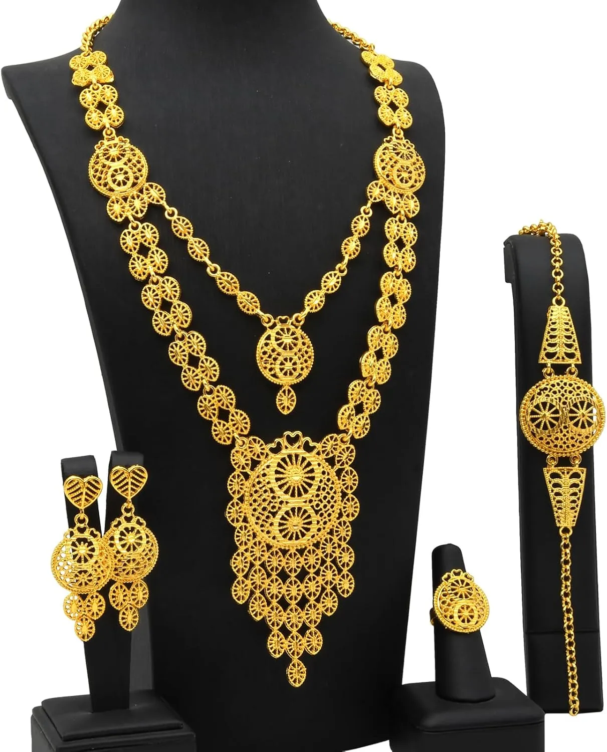 professional feud saving Bridal Dubai Necklace Earrings Bracelet Ring Set for Lady Wife Mother Ethiopian Tassel 24k Gold Plated Jewelry Sets For Women Arabic Wedding Indian 