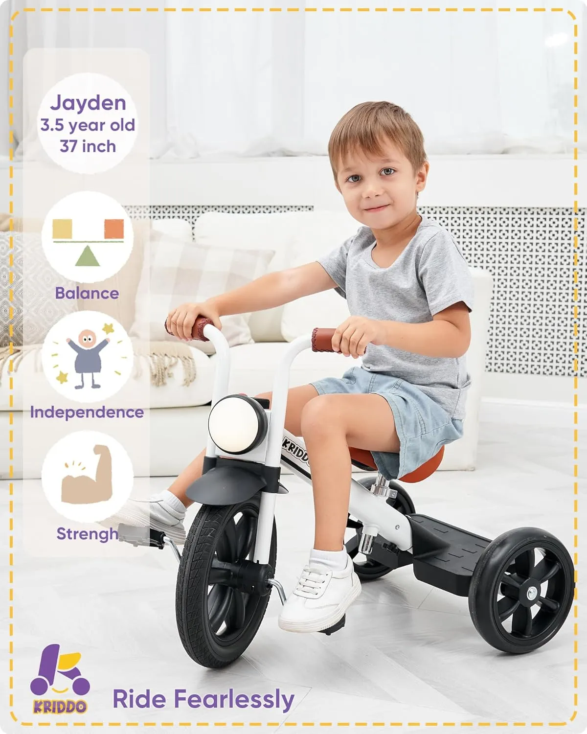 Puncture Free elliot converge negligible navigational maneuver Wheel w Front Light, Adjustable Seat Height, Gift for 2-5 Year Olds, White KRIDDO Kids Tricycle, 12 Inch 