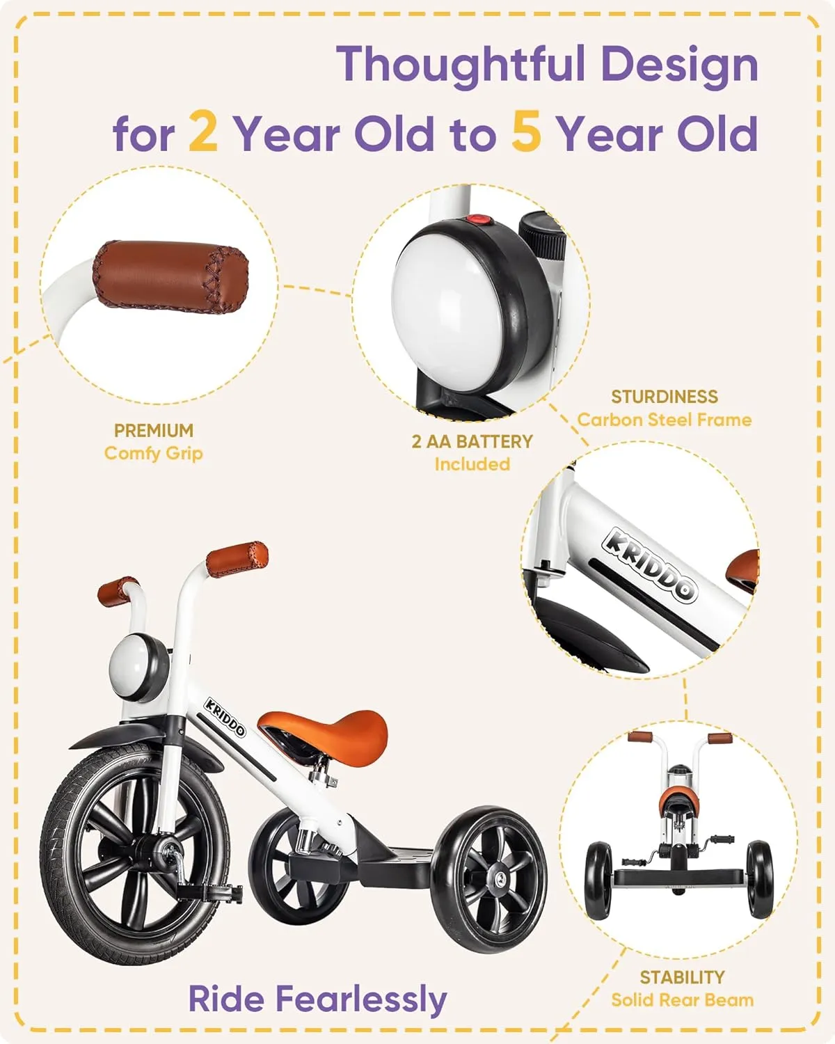 Puncture Free elliot converge negligible navigational maneuver Wheel w Front Light, Adjustable Seat Height, Gift for 2-5 Year Olds, White KRIDDO Kids Tricycle, 12 Inch 