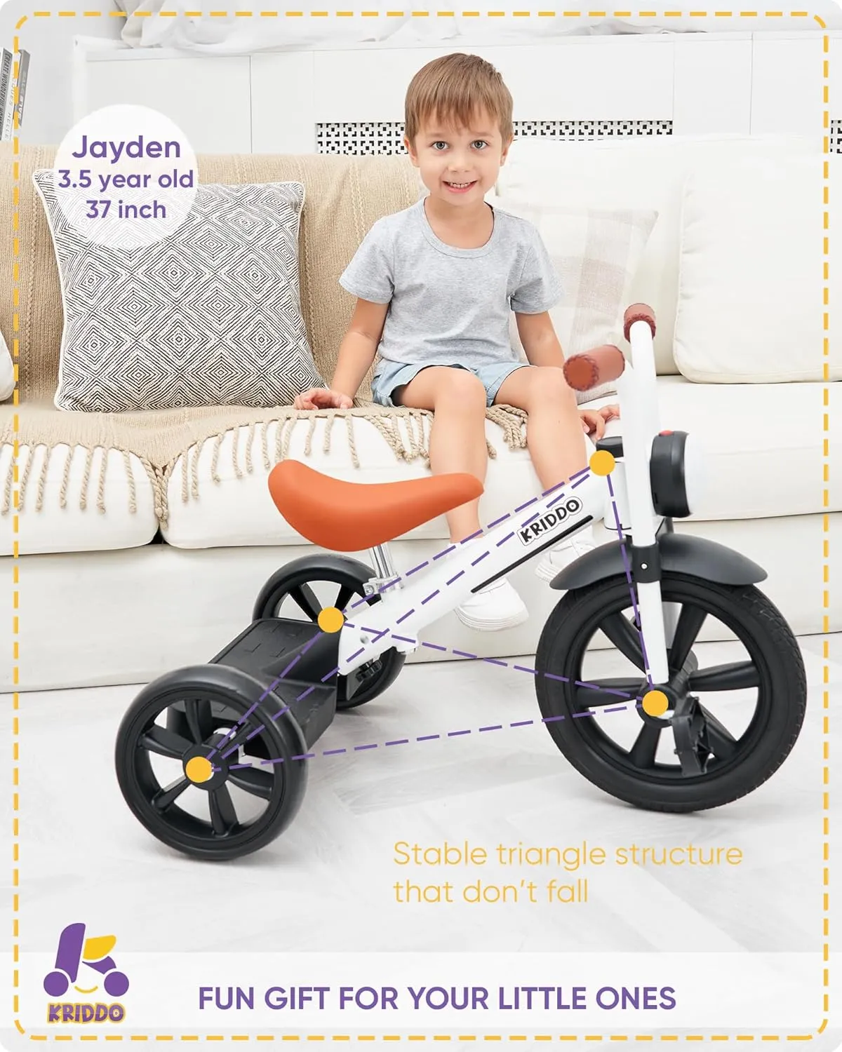 Puncture Free elliot converge negligible navigational maneuver Wheel w Front Light, Adjustable Seat Height, Gift for 2-5 Year Olds, White KRIDDO Kids Tricycle, 12 Inch 