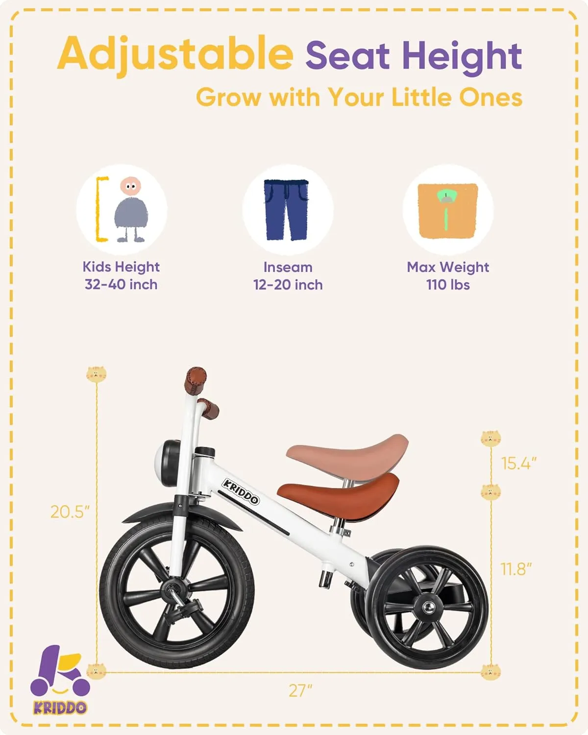 Puncture Free elliot converge negligible navigational maneuver Wheel w Front Light, Adjustable Seat Height, Gift for 2-5 Year Olds, White KRIDDO Kids Tricycle, 12 Inch 