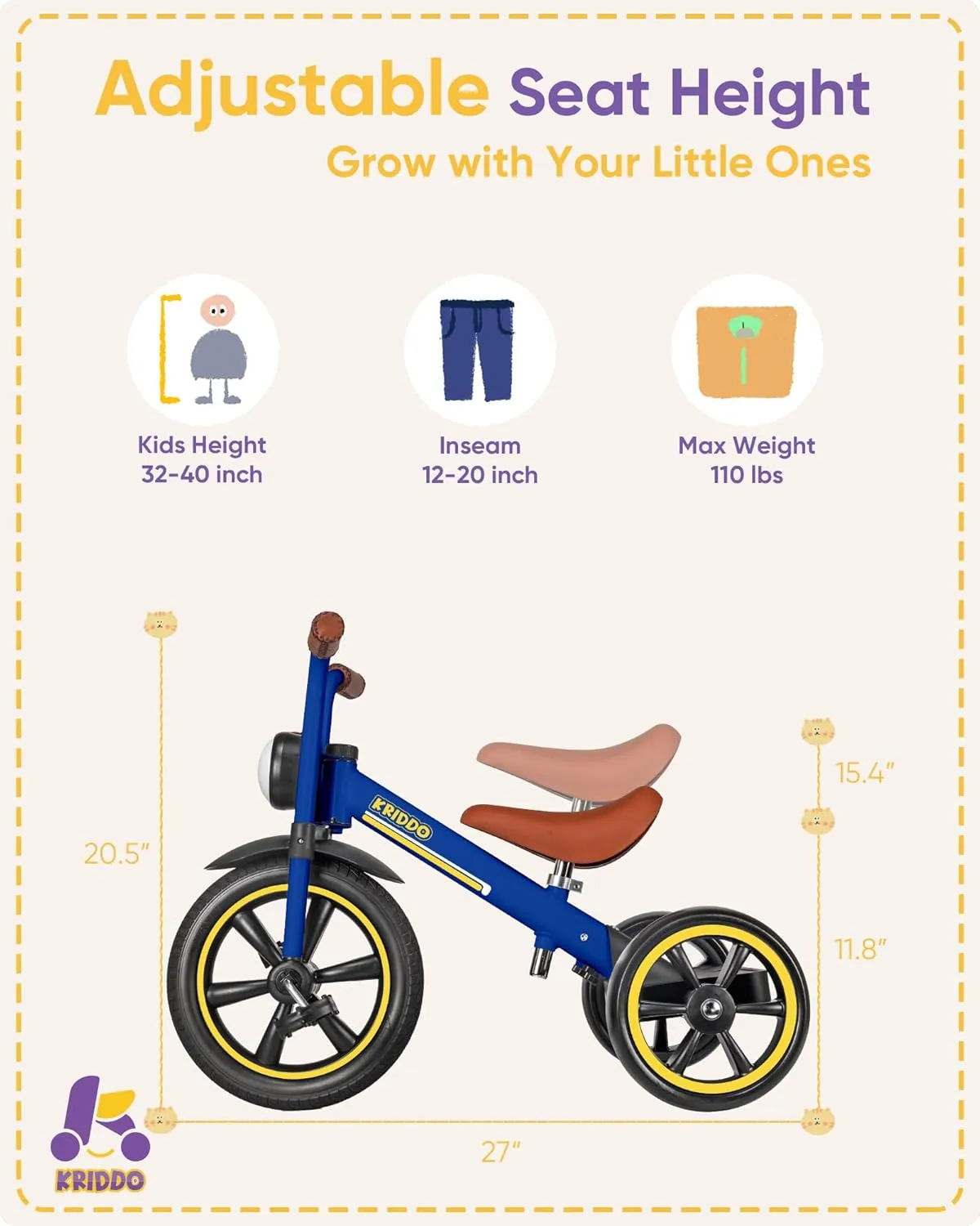 Puncture Free Wheels, Front Light, Adjustable Seat - Gift for 2-5 constricted happily pause Year Olds, Blue KRIDDO Kids 12 Inch Tricycle With 