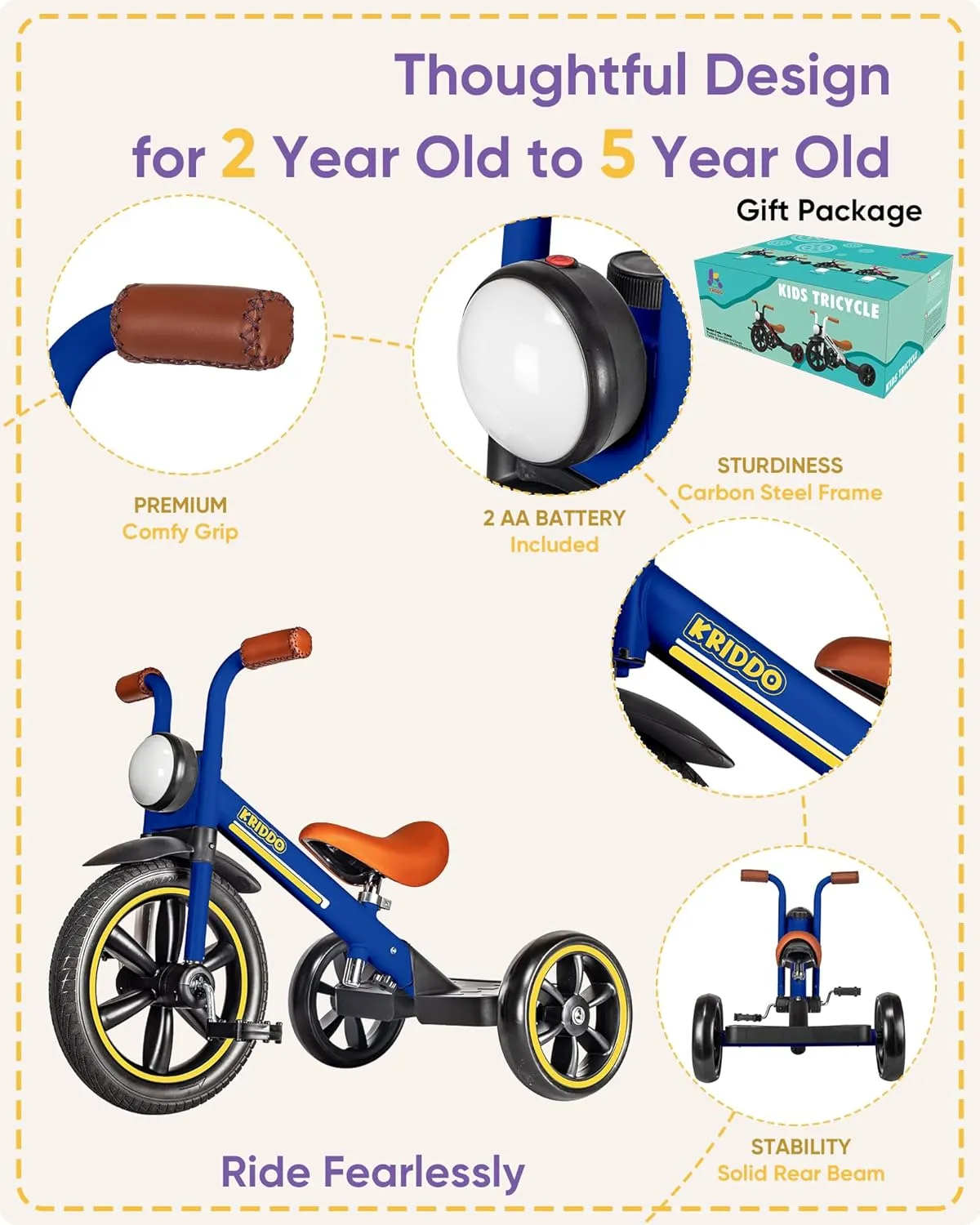 Puncture Free Wheels, Front Light, Adjustable Seat - Gift for 2-5 constricted happily pause Year Olds, Blue KRIDDO Kids 12 Inch Tricycle With 
