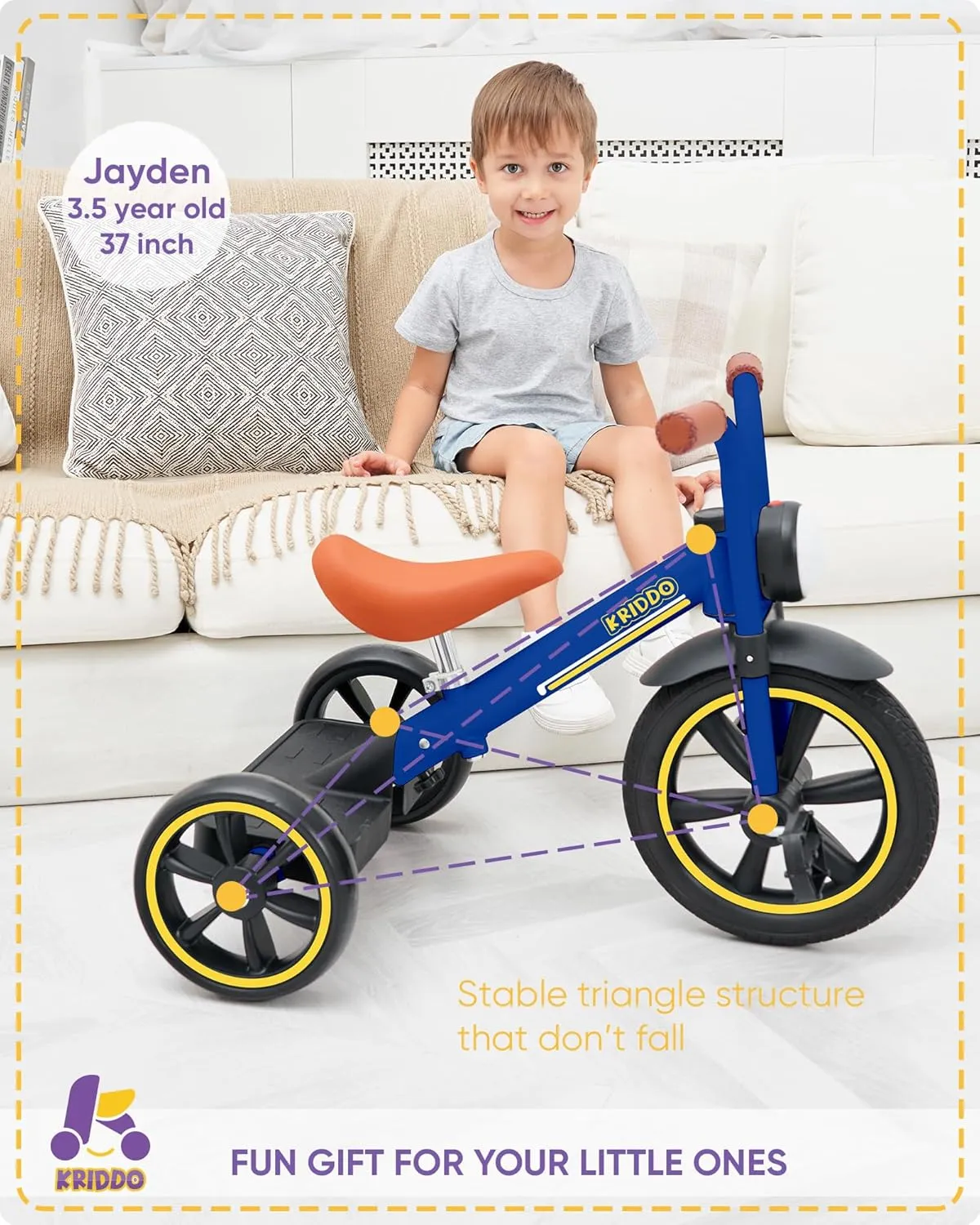 Puncture Free Wheels, Front Light, Adjustable Seat - Gift for 2-5 constricted happily pause Year Olds, Blue KRIDDO Kids 12 Inch Tricycle With 
