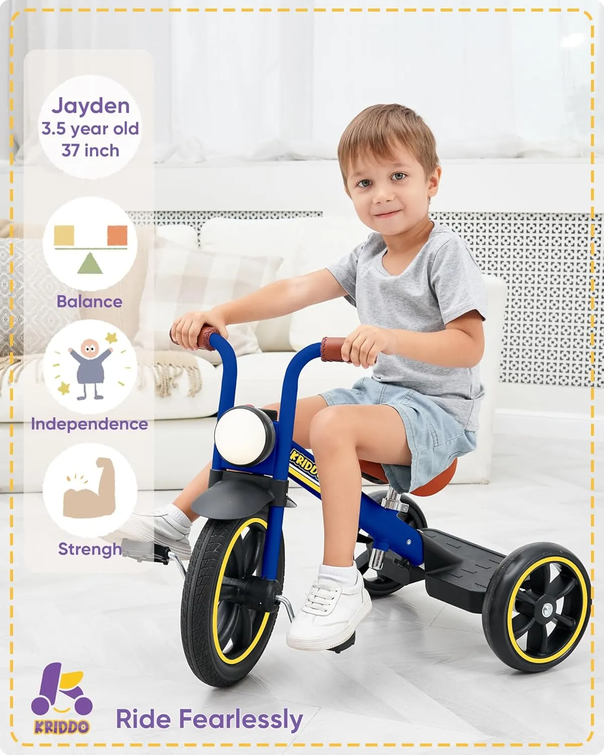 Puncture Free Wheels, Front Light, Adjustable Seat - Gift for 2-5 constricted happily pause Year Olds, Blue KRIDDO Kids 12 Inch Tricycle With 